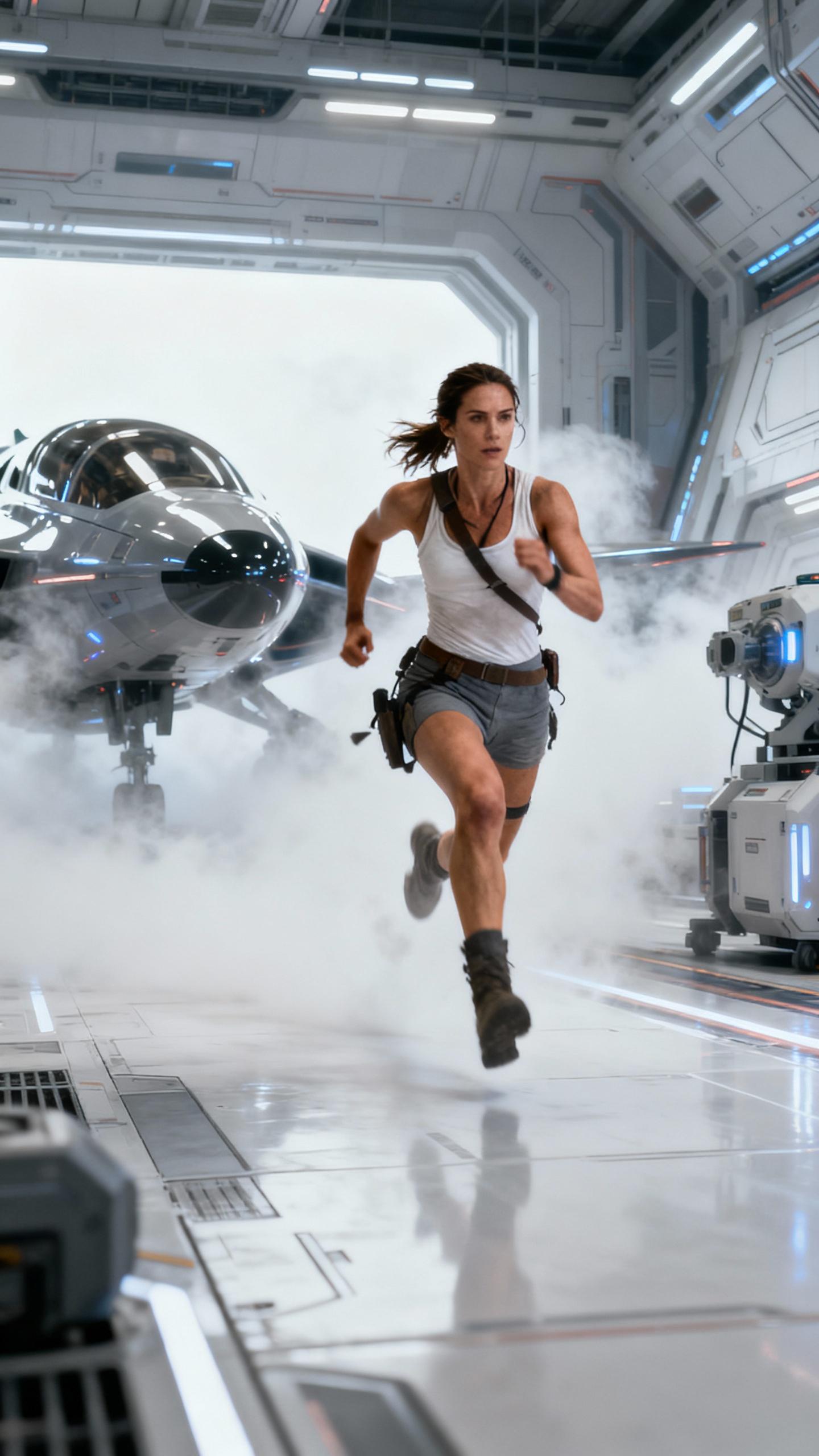 Professional photograph of Lara Croft, clad in a white top and grey shorts, sprinting through a futuristic space ship hangar. The scene is shrouded in a thick, ethereal white fog, with the glossy, futuristic vehicles and machines in the background. The lighting is pure white, with a high-resolution lens, wide aperture, and 8K UHD resolution, resulting in a highly detailed, cinematic image with a sharp focus and a professional artistic style.