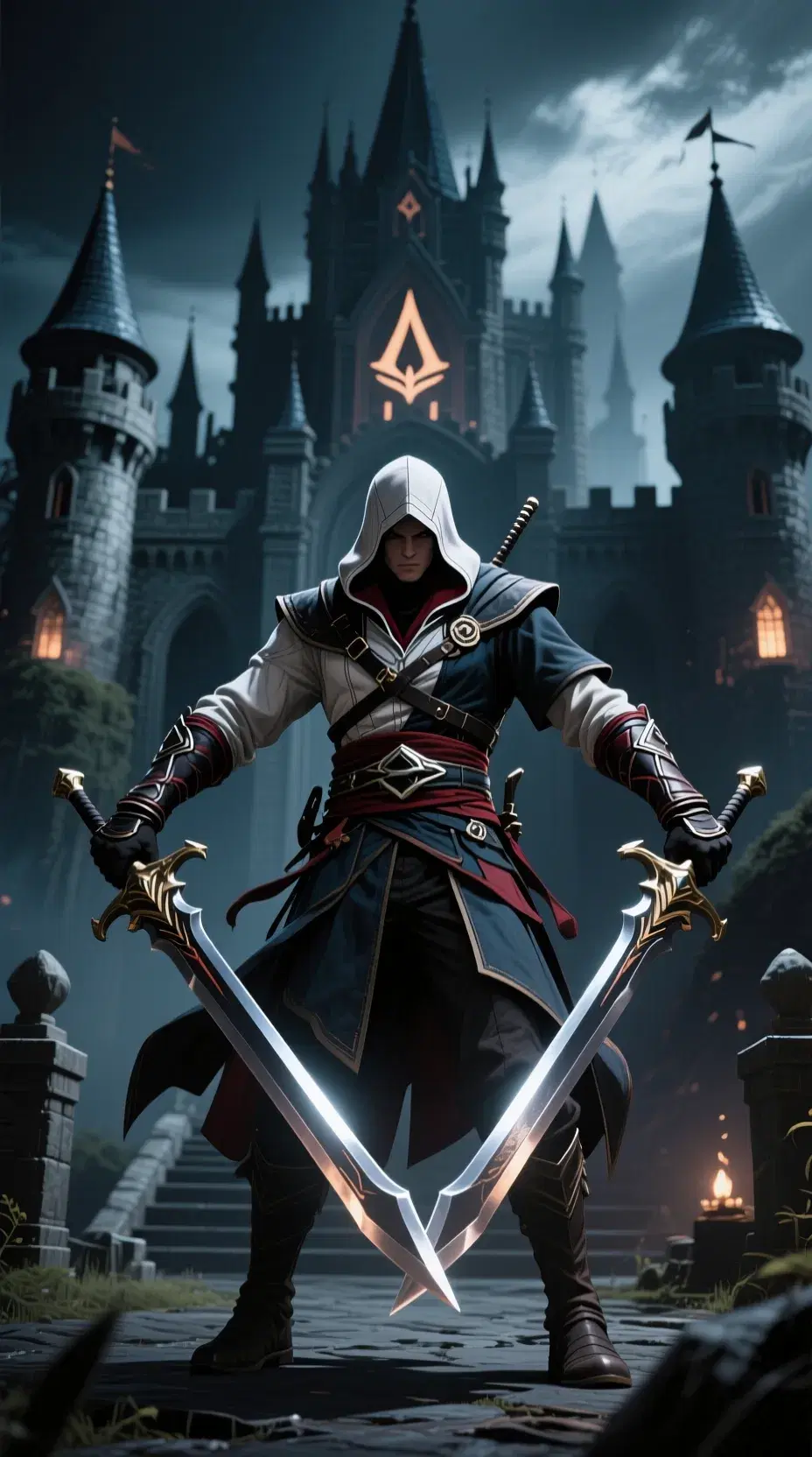 assasins creed with long swords in both hands in dark genshin impact castle