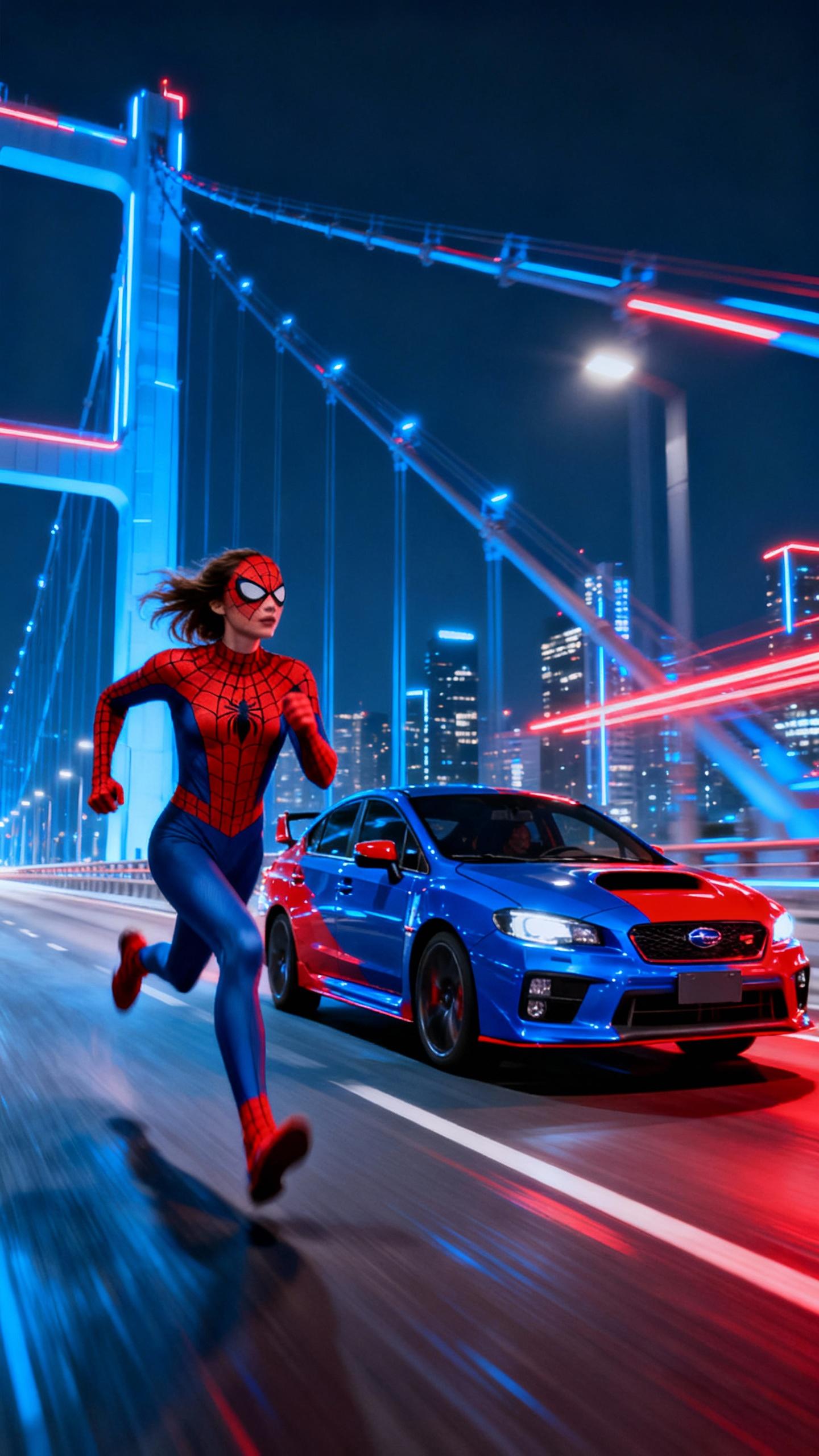 spiderman woman running very fast on side of a blue and red subaru on highway in futuristic city bridge at night, blue and red neon lights, motion blur