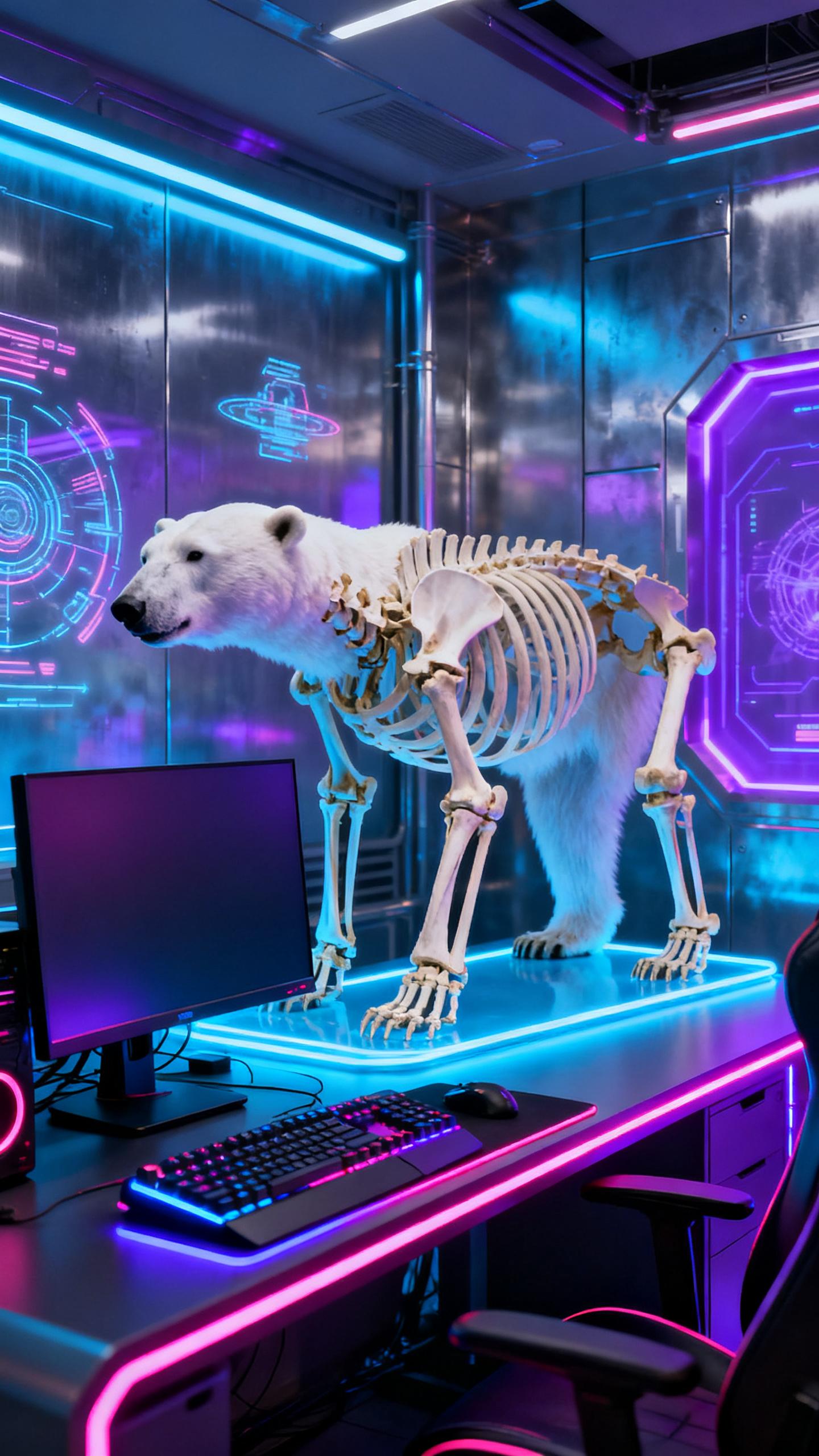 skeleton of polar bear skeleton using ai on computer, monitor and keyboard in futuristic cyberpunk gaming room, neon lights