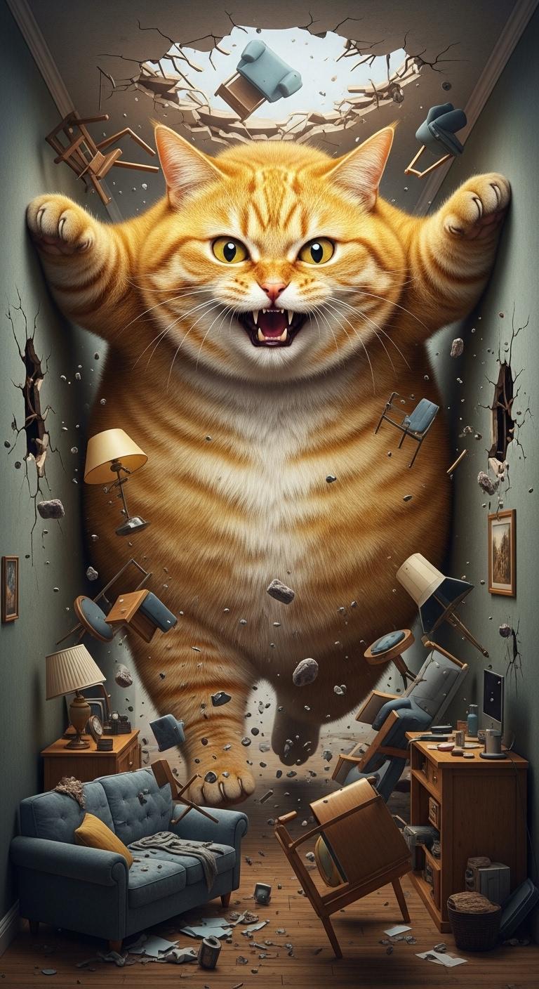 fat chubby angry yellow cat, bigger than elephant, running and destroying furniture in apartment, barely fitting between walls