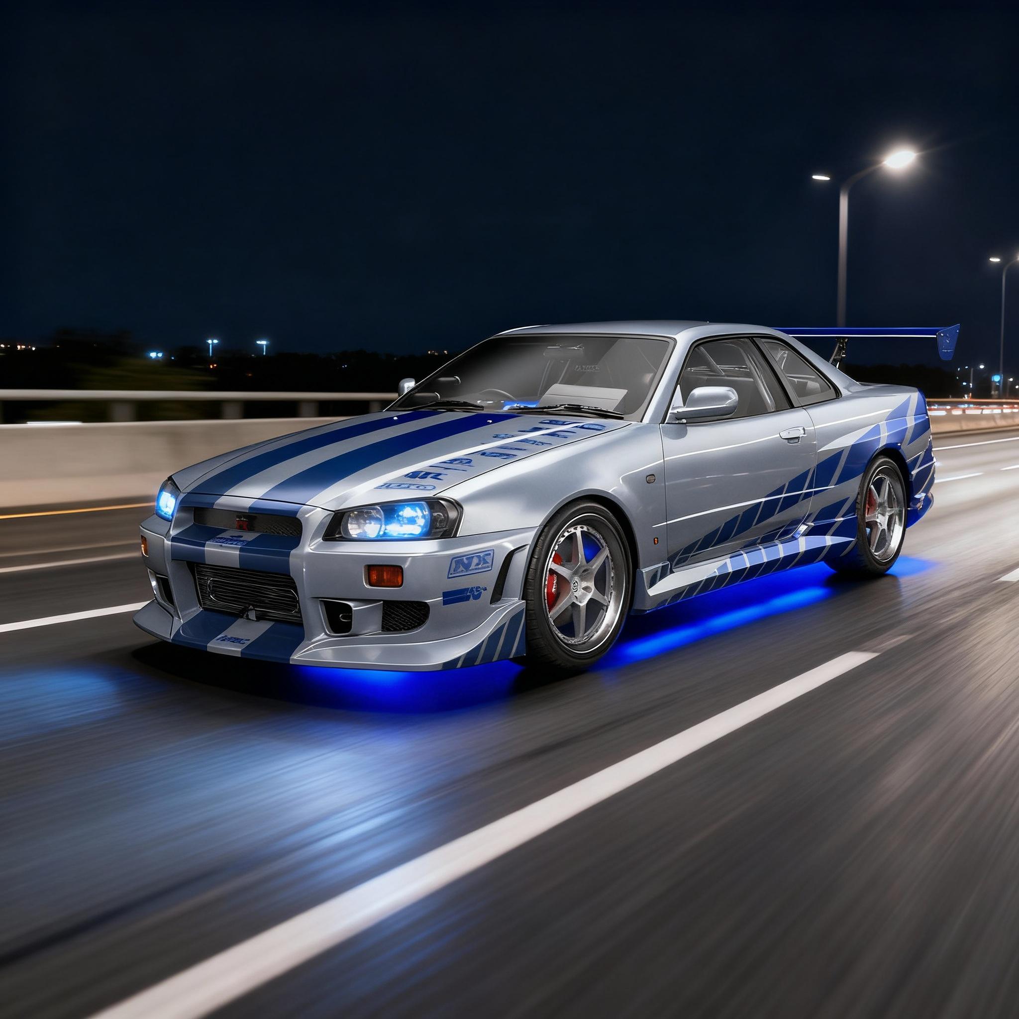 the car driving fast on highway at night, motion blur