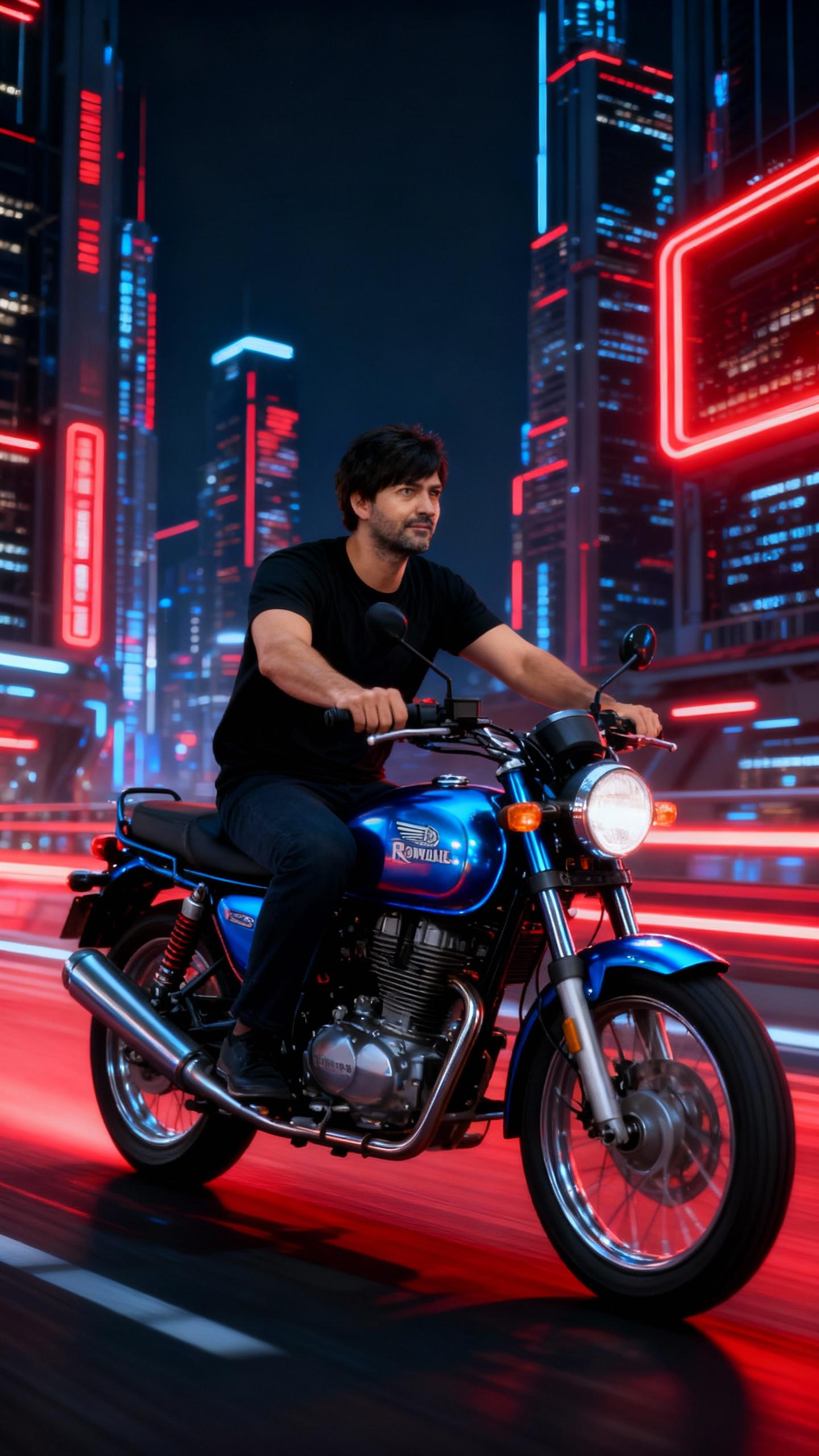 the man is driving blue metallic royal enfield hunter bike in futuristic city at night, sky scrapers, red neon lights