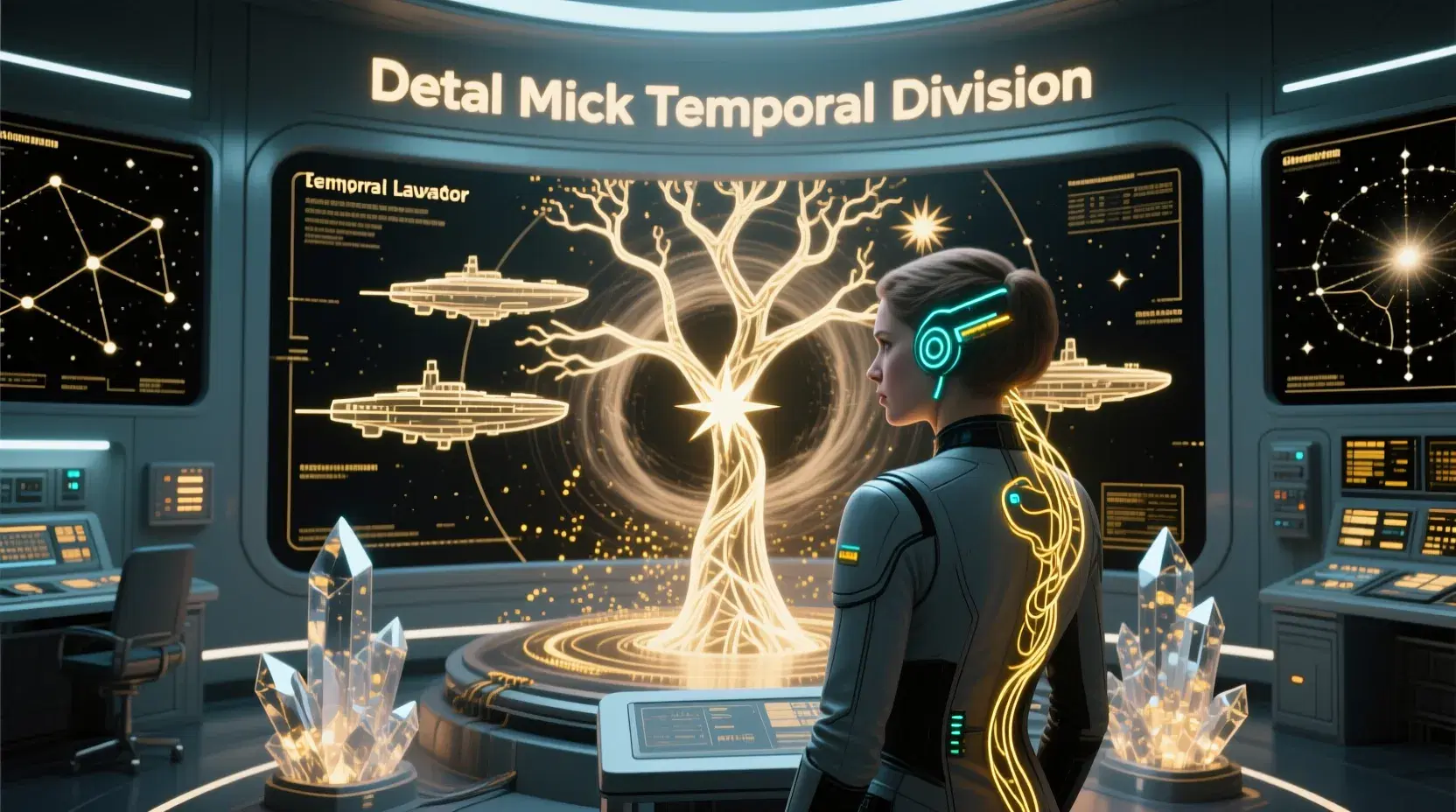 masterpiece, best quality, photorealistic, 8k, ultra-detailed, ethereal lighting,
The temporal navigation laboratory of Detal Mick where past and future space-time is mapped,
Chief Navigator Elyra Vance stands before a swirling temporal rift display, her starburst eyes reflecting multiple timelines simultaneously,
Holographic projections show the ship's possible futures branching like a luminous tree, each branch representing different navigational choices,
Chrono-synchronization chamber with crystalline structures that hum at frequencies beyond normal hearing, vibrating in multiple temporal states,
Temporal cartographers wearing phase-shifting suits that blur at the edges, appearing partially out-of-sync with current timeline,
Wall displays showing star maps from different eras - past constellations as they were, future stellar drift predictions,
Elyra's neural interface ports glow intensely as she processes temporal data, fiber-optic braids pulsing with information,
The air shimmers with chroniton particles visible as golden motes of light, equipment readings fluctuating in non-linear patterns,
"Detal Mick Temporal Division" inscribed above the main temporal scanner in phase-shifting letters that appear and disappear.