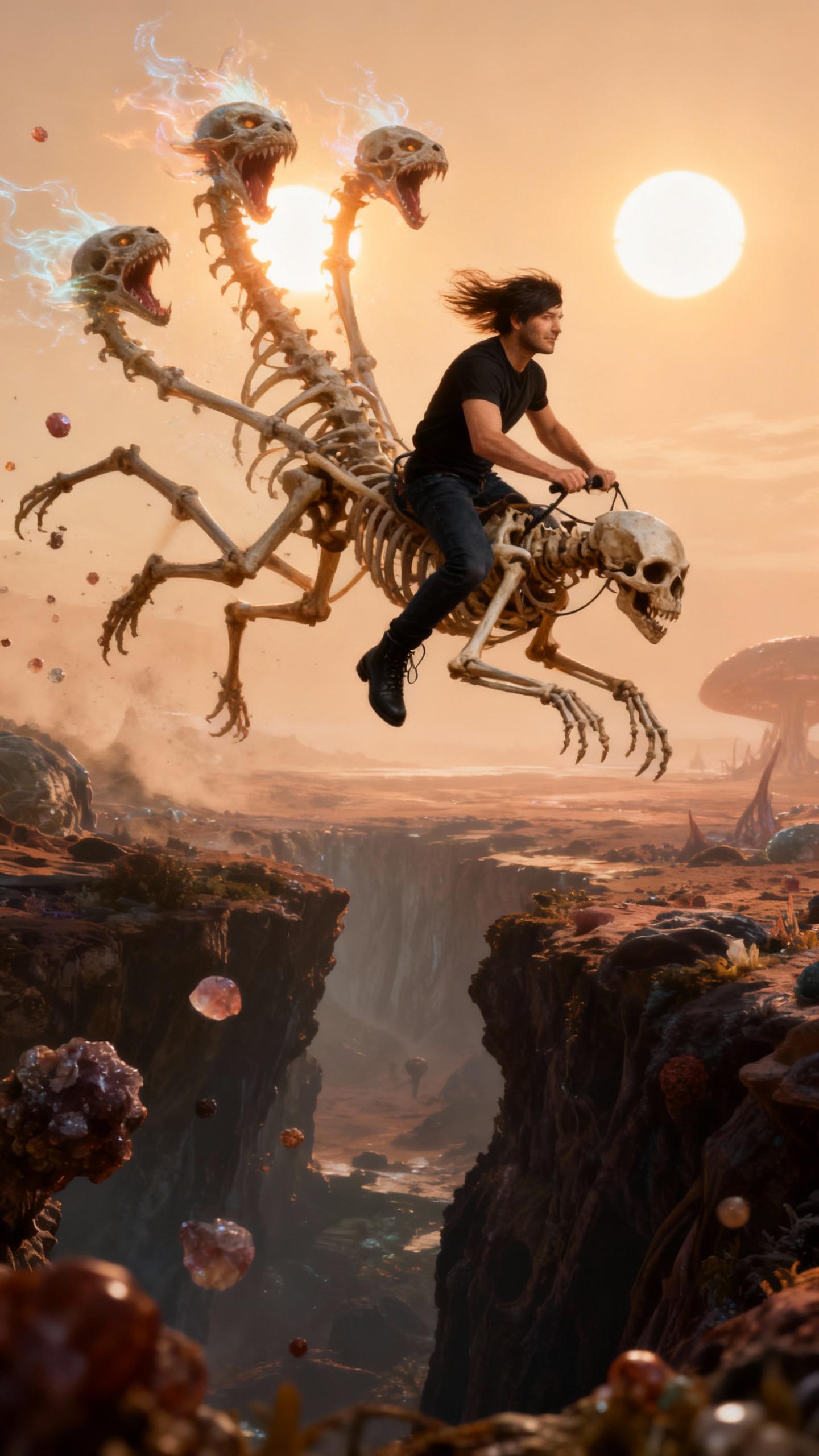 action shot of a man expertly steering a six-limbed skeletal creature mid-leap over a chasm on an alien world, fractal bone structure catching the light of twin suns, three heads roaring with ethereal energy, jeans and boots visible, hair flowing backward from motion, adrenaline-filled moment, suspended in air with floating mineral particles, dynamic angle, epic fantasy, photorealistic