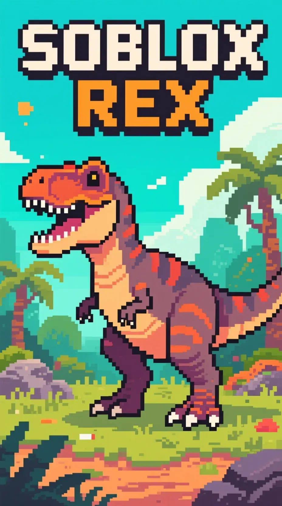 soblox rex saurus in prehistoric pixel world, text: SOBLOX REX