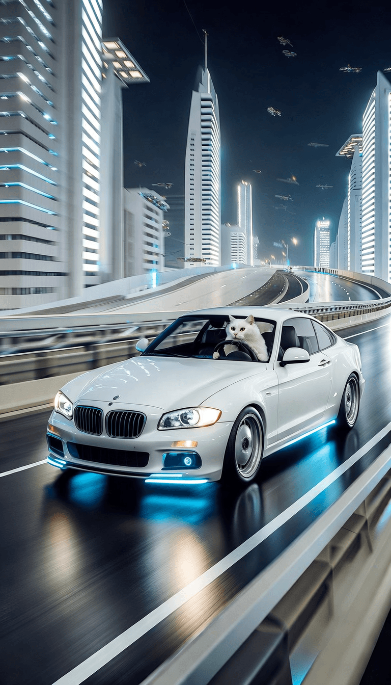 white cat driving white bmw e46 driving very fast on highway bridge in futuristic city with white sky scrapers at night, blue neon lights, motion blur