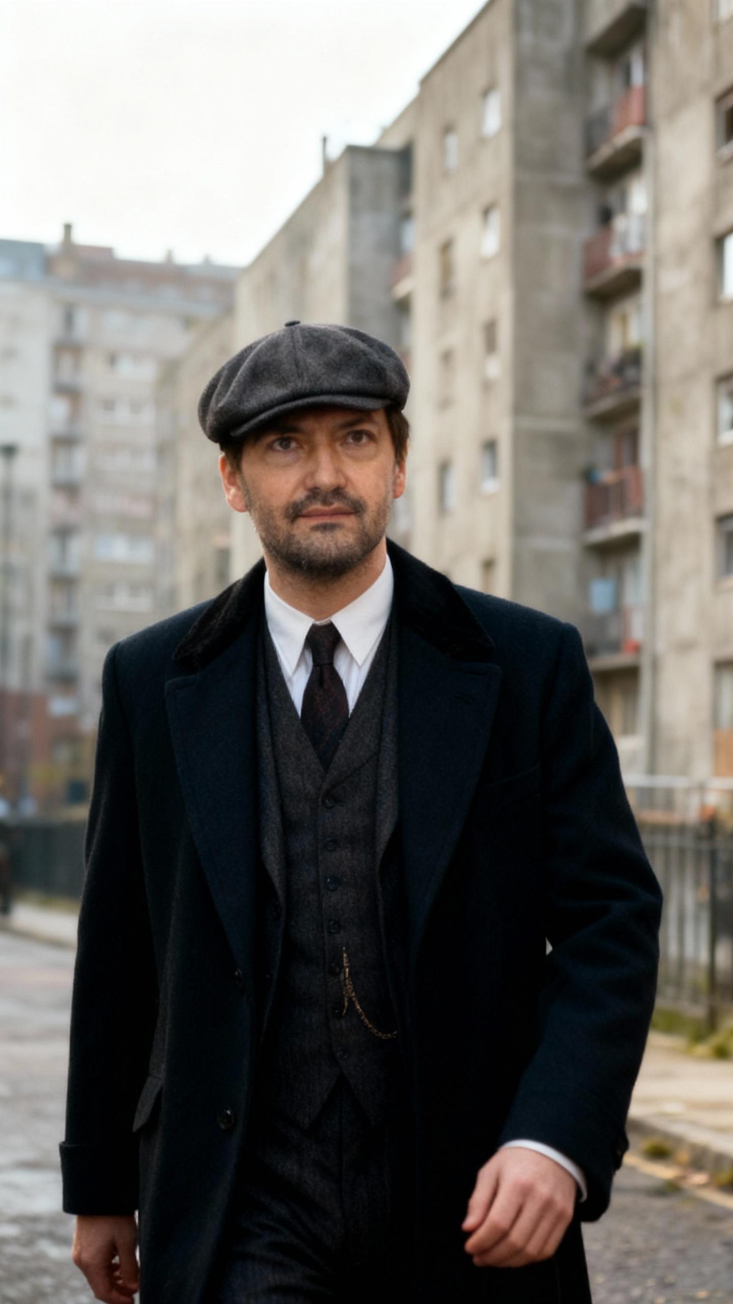 the man is wearing like thomas shelby, walking in city with concrete apartments, cinematic color grade