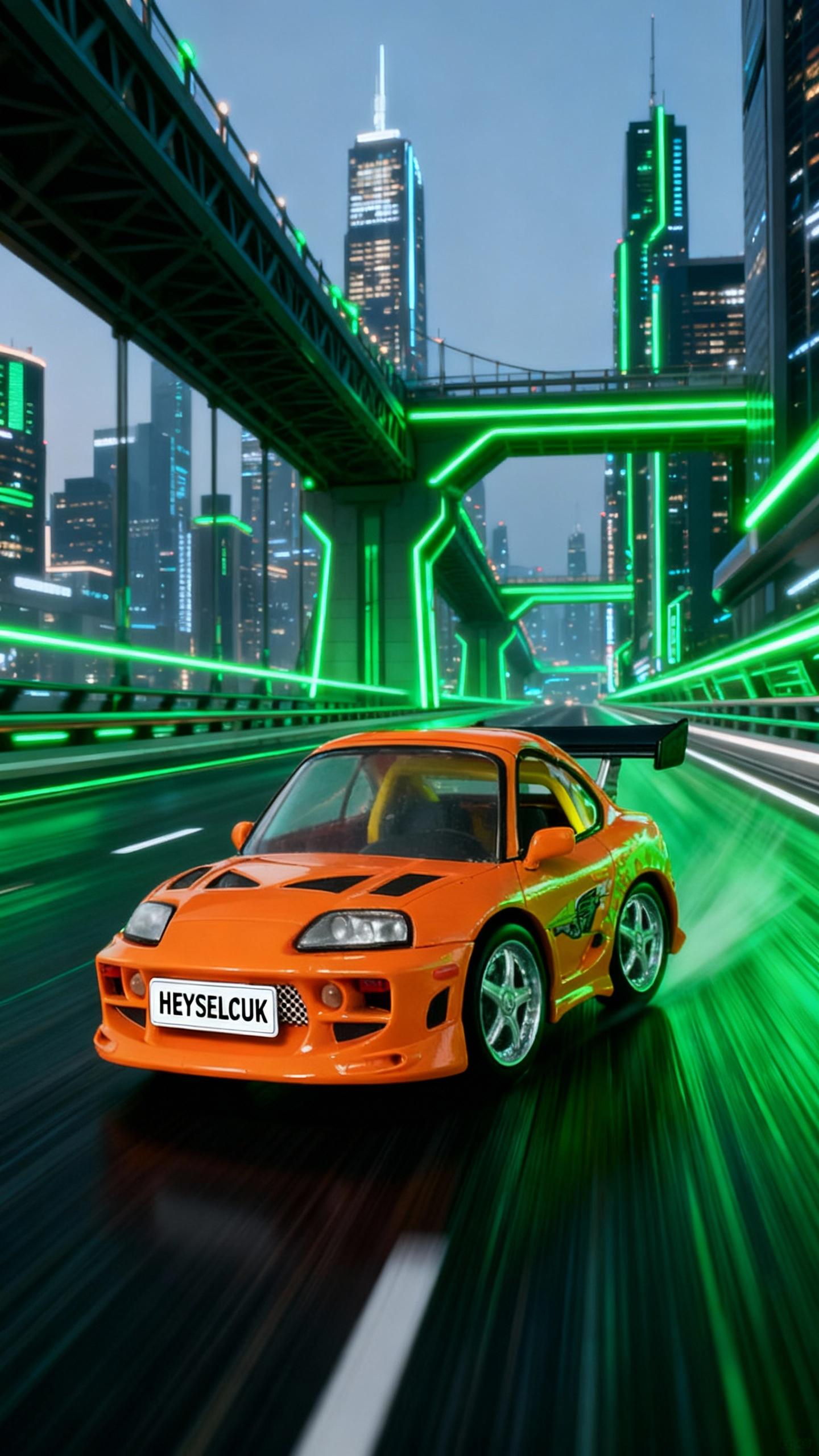 the car has white license plate named: "HEYSELCUK" on the front bumper and is driving very fast on highway of a futuristic city, bridges and sky scrapers, green neon lights, motion blur
