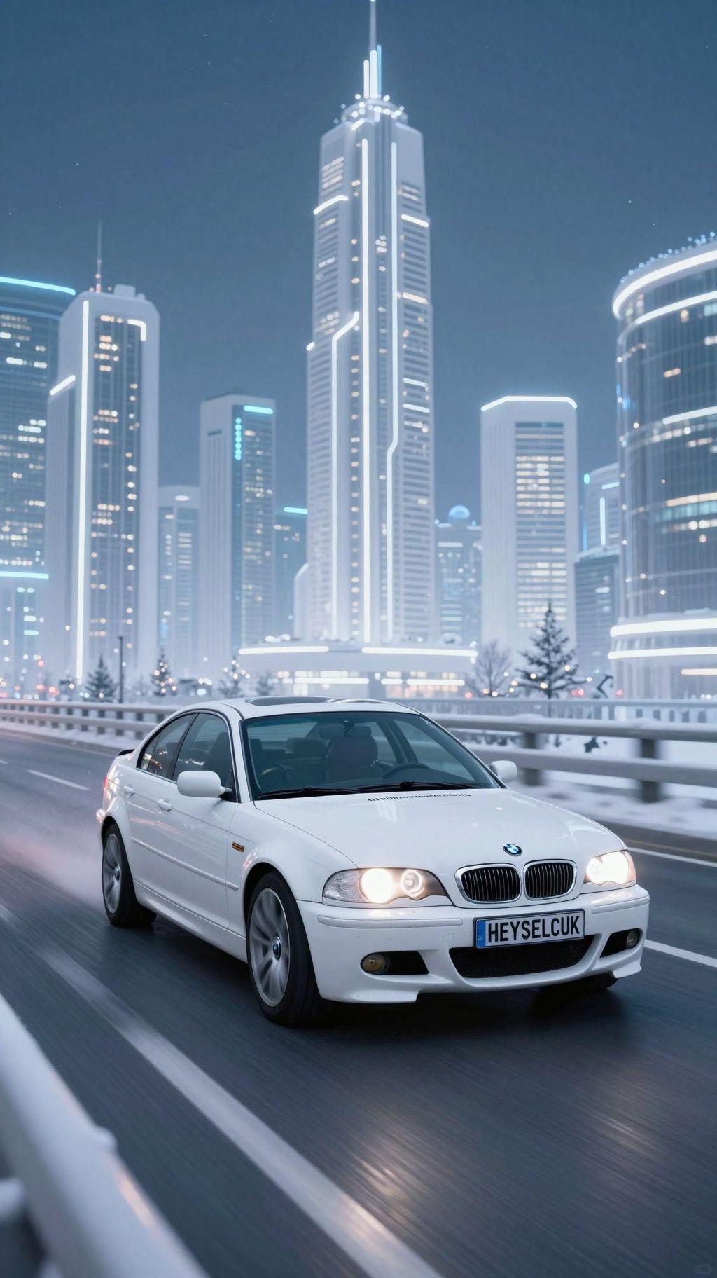 white snow leopard driving white bmw e46 with plate number "HEYSELCUK" driving very fast on highway bridge in futuristic city in winter with white sky scrapers at night, blue neon lights, motion blur