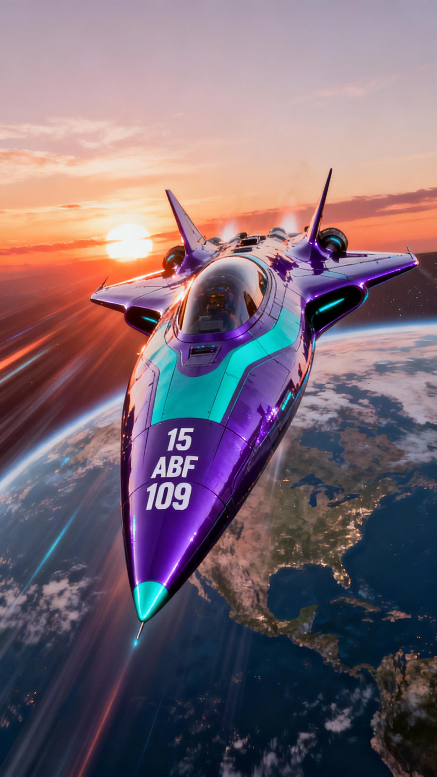 a very fast purple and turquoise futuristic alien space ship from future, glossy and aerodynamic exterior with sharp nose, flying at light speed from space to planet earth at sunset, text on spaceship nose: 15 ABF 109