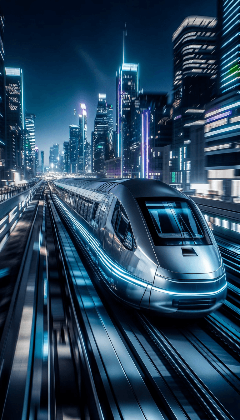 futuristic maglev train on railways in futuristic city with sky scrapers, neon lights, driving ultra fast, motion blur