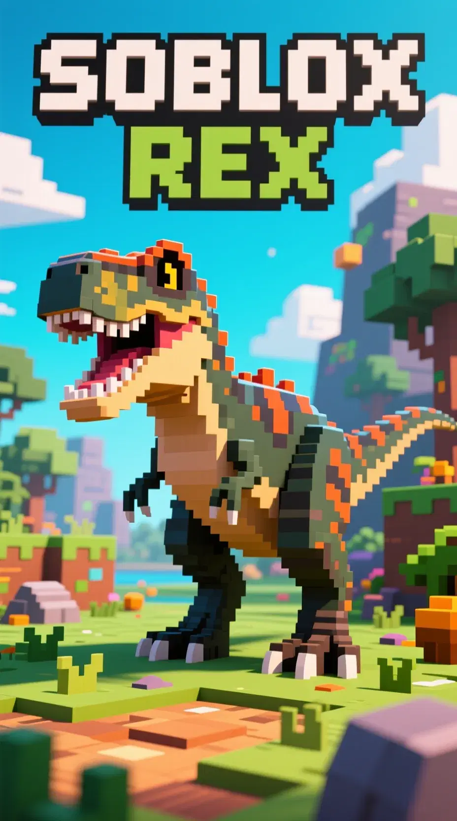 soblox rex saurus in prehistoric pixel world, roblox game style, text: SOBLOX REX