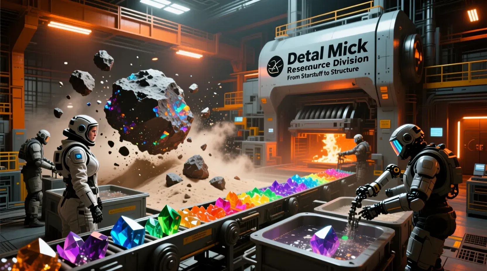 masterpiece, best quality, photorealistic, 8k, ultra-detailed, industrial glow lighting,
The astro-mineralogy processing facility where captured asteroids and comet fragments are refined,
Processing Chief Harkon oversees molecular disassembly of exotic materials, her protective suit covered in crystalline dust,
Massive crushers reducing asteroid chunks to fine powder, conveyor belts carrying rainbow-hued minerals to refinement vats,
Element separators using quantum resonance to sort atoms by type, creating shimmering streams of purified materials,
Exotic material vaults containing substances unknown on Earth: gravity-defying crystals, room-temperature superconductors, temporal-resonant alloys,
Fabrication forges where new materials are synthesized, combining elements into advanced composites for ship repair and expansion,
Workers in heavy industrial exoskeletons handling dangerous materials, robotic assistants performing precise operations,
Orange industrial lighting mixing with colorful mineral glows, fine dust particles catching light in volumetric rays,
"Detal Mick Resource Division - From Starstuff to Structure" stenciled on massive processing machinery.