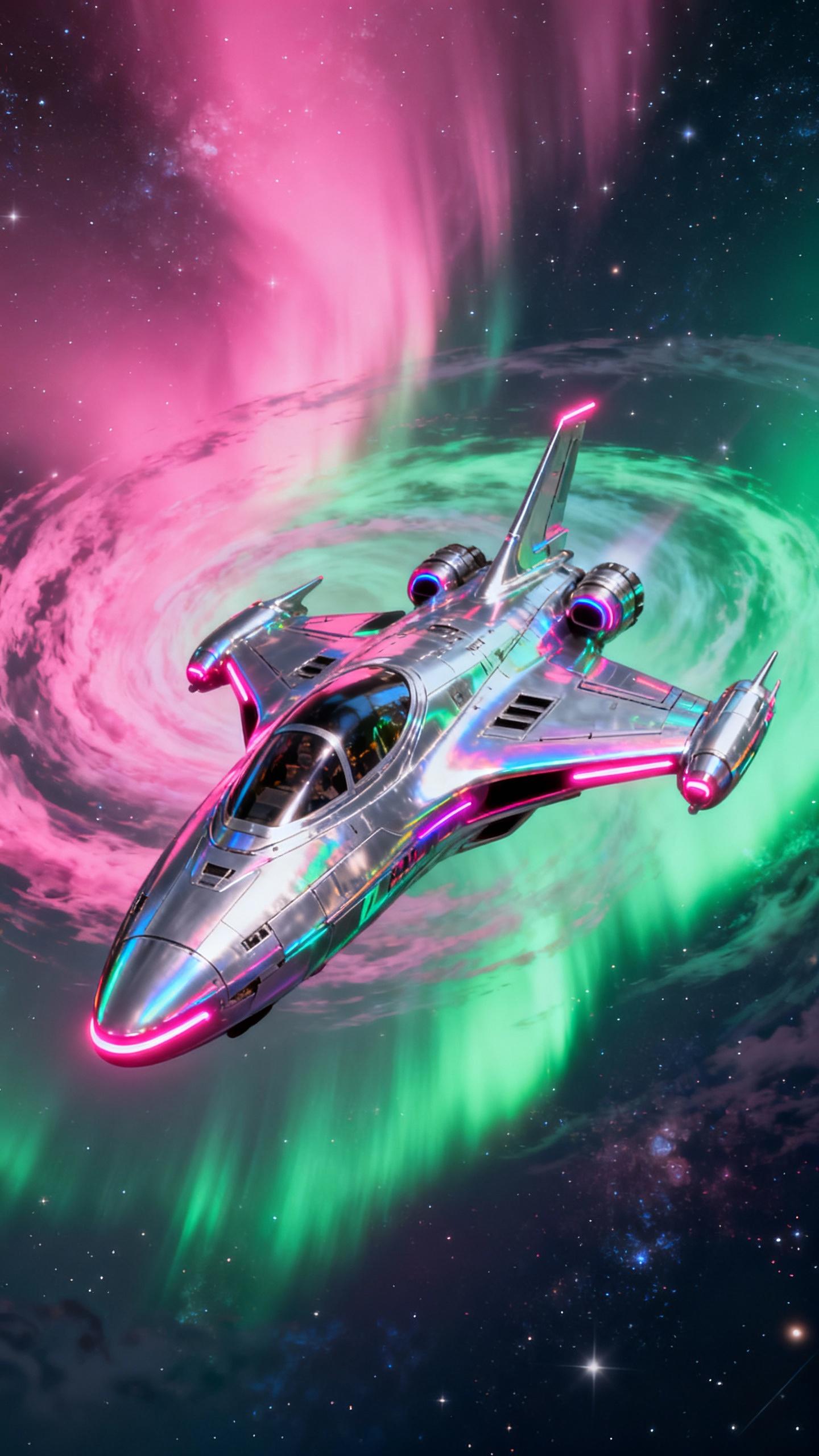 chinese futuristic silver iridescent space ship, helios pink and green aurora 