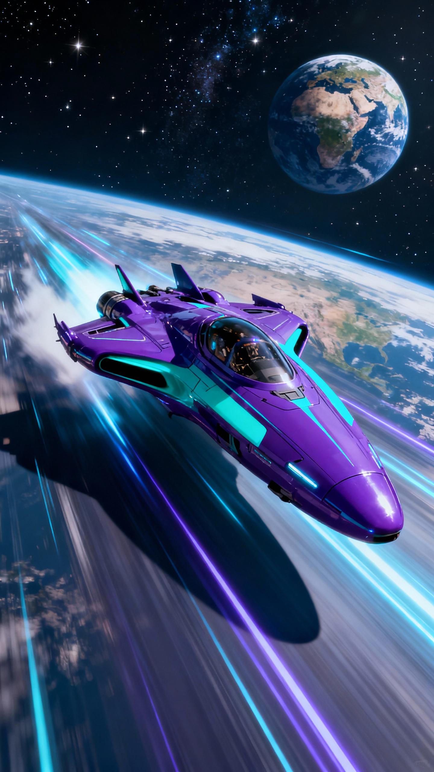 a very fast purple and turquoise futuristic space ship, glossy and aerodynamic exterior, flying at light speed from space to planet earth