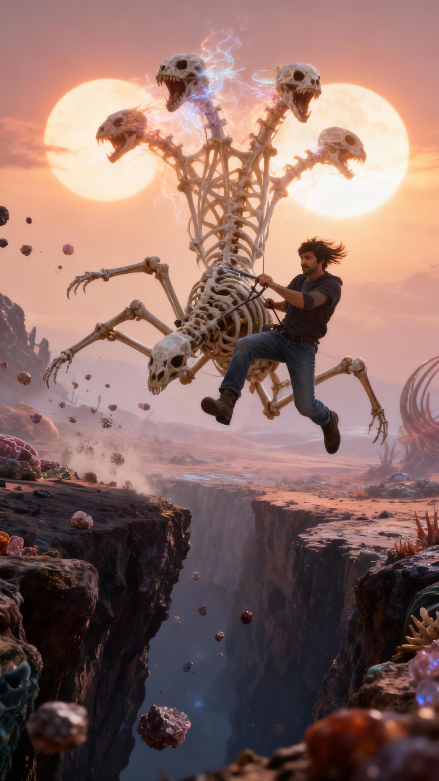 action shot of a man expertly steering a six-limbed skeletal creature mid-leap over a chasm on an alien world, fractal bone structure catching the light of twin suns, three heads roaring with ethereal energy, jeans and boots visible, short hair flowing backward from motion, adrenaline-filled moment, suspended in air with floating mineral particles, dynamic angle, epic fantasy, photorealistic