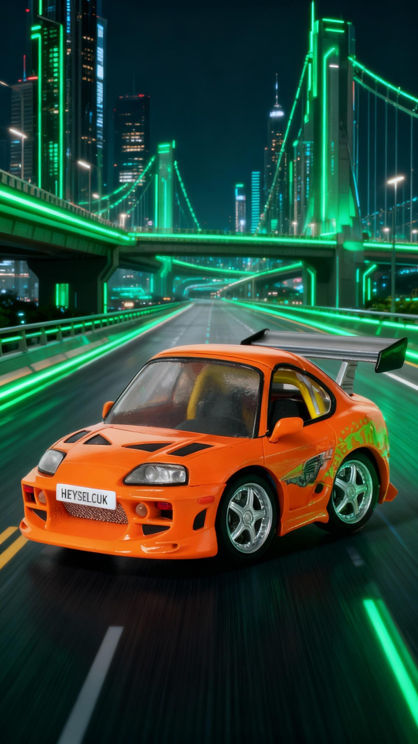 the car has white license plate named: "HEYSELCUK" and is driving on highway of a futuristic city, bridges and sky scrapers, green neon lights