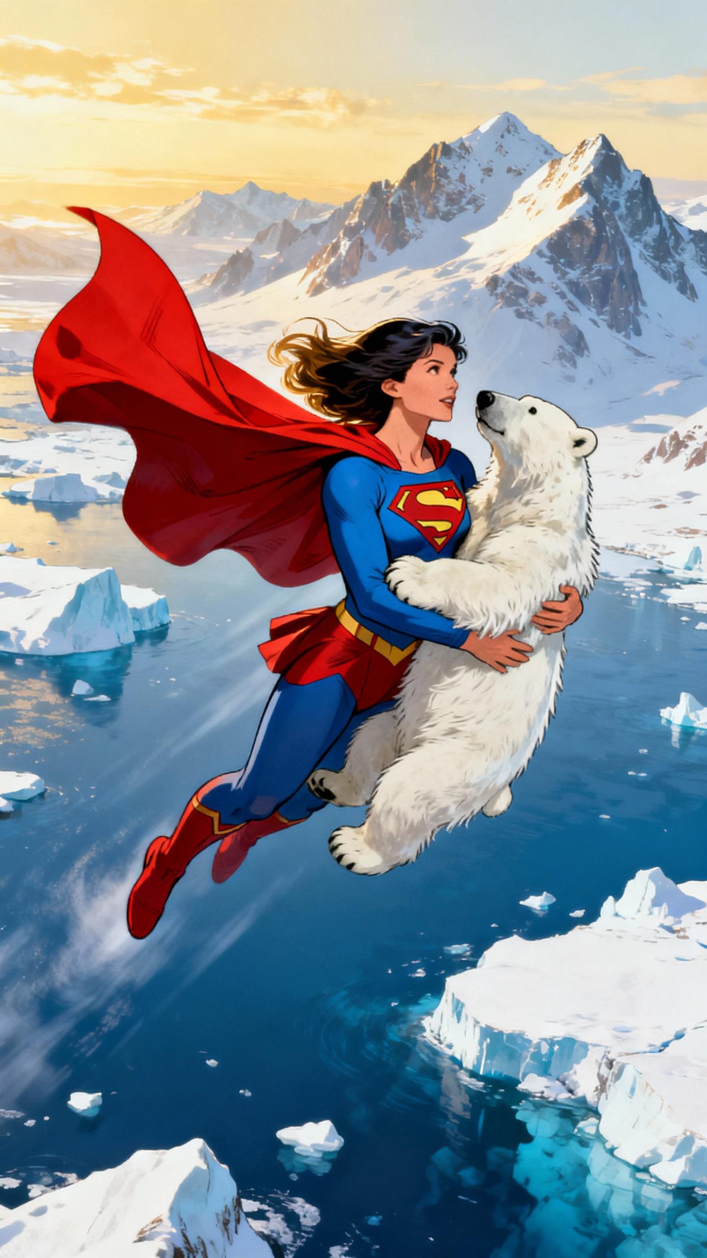 superman woman fyling with a polar bear in her arms in sky over antarctica