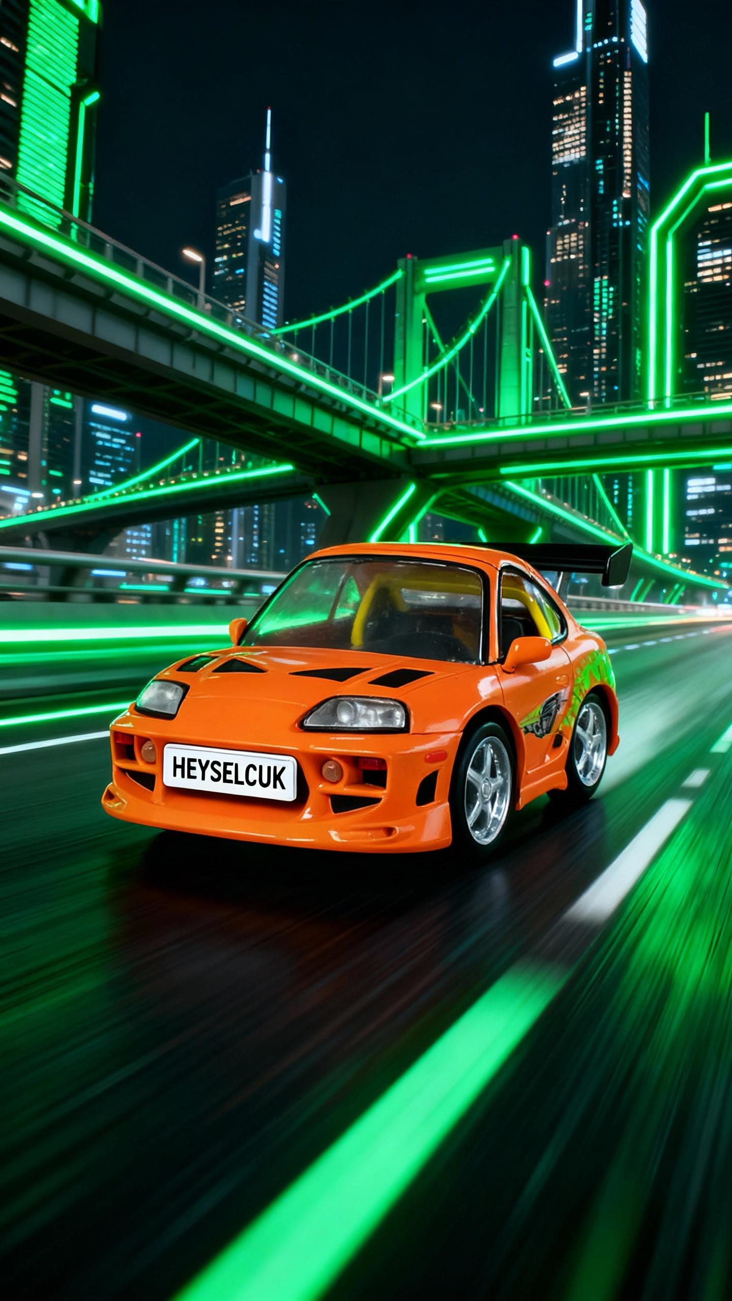 the car has white license plate named: "HEYSELCUK" on the front bumper and is driving very fast on highway of a futuristic city, bridges and sky scrapers, green neon lights, motion blur