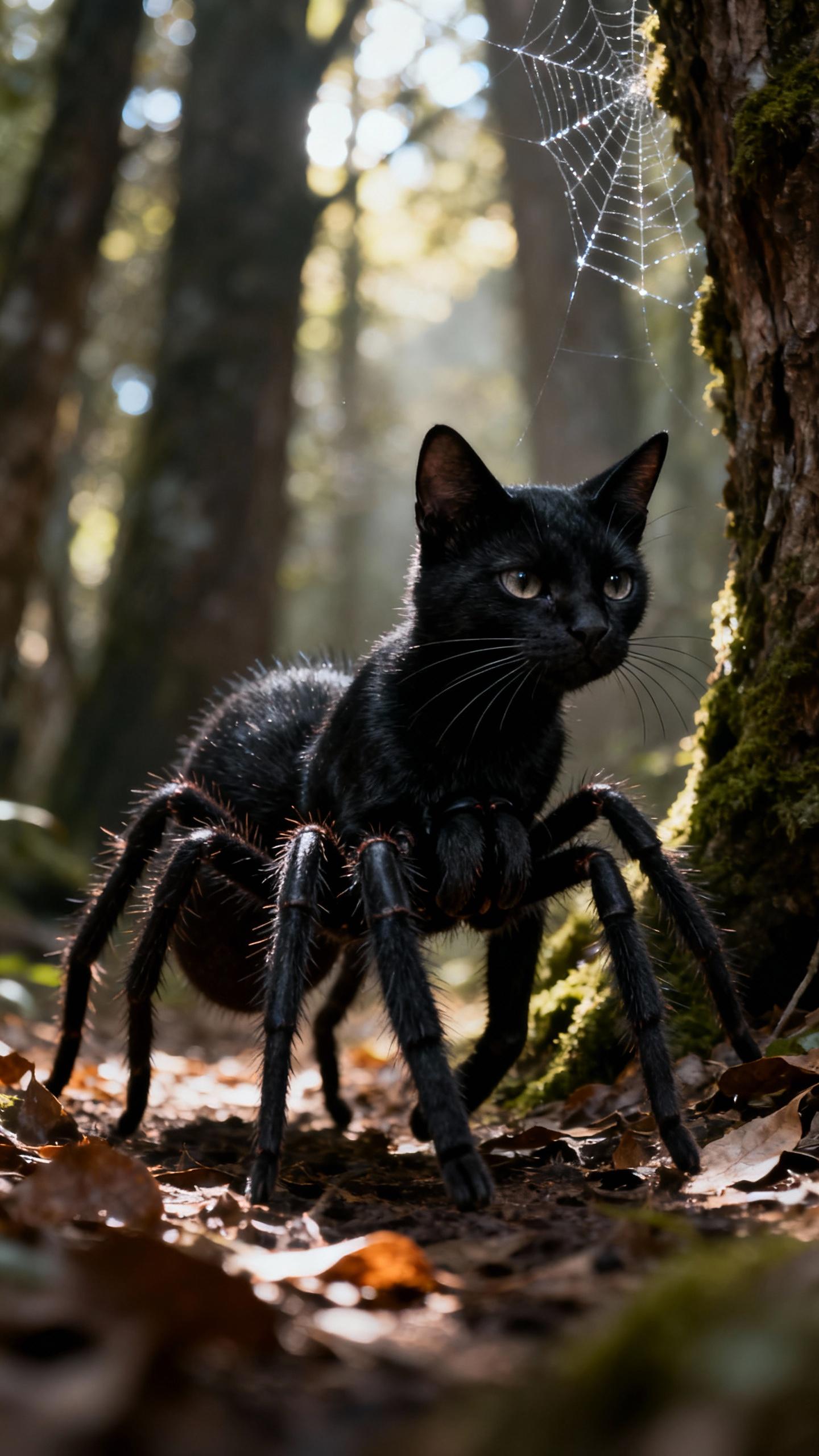 black cats head on black tarantulas body, walking in forest