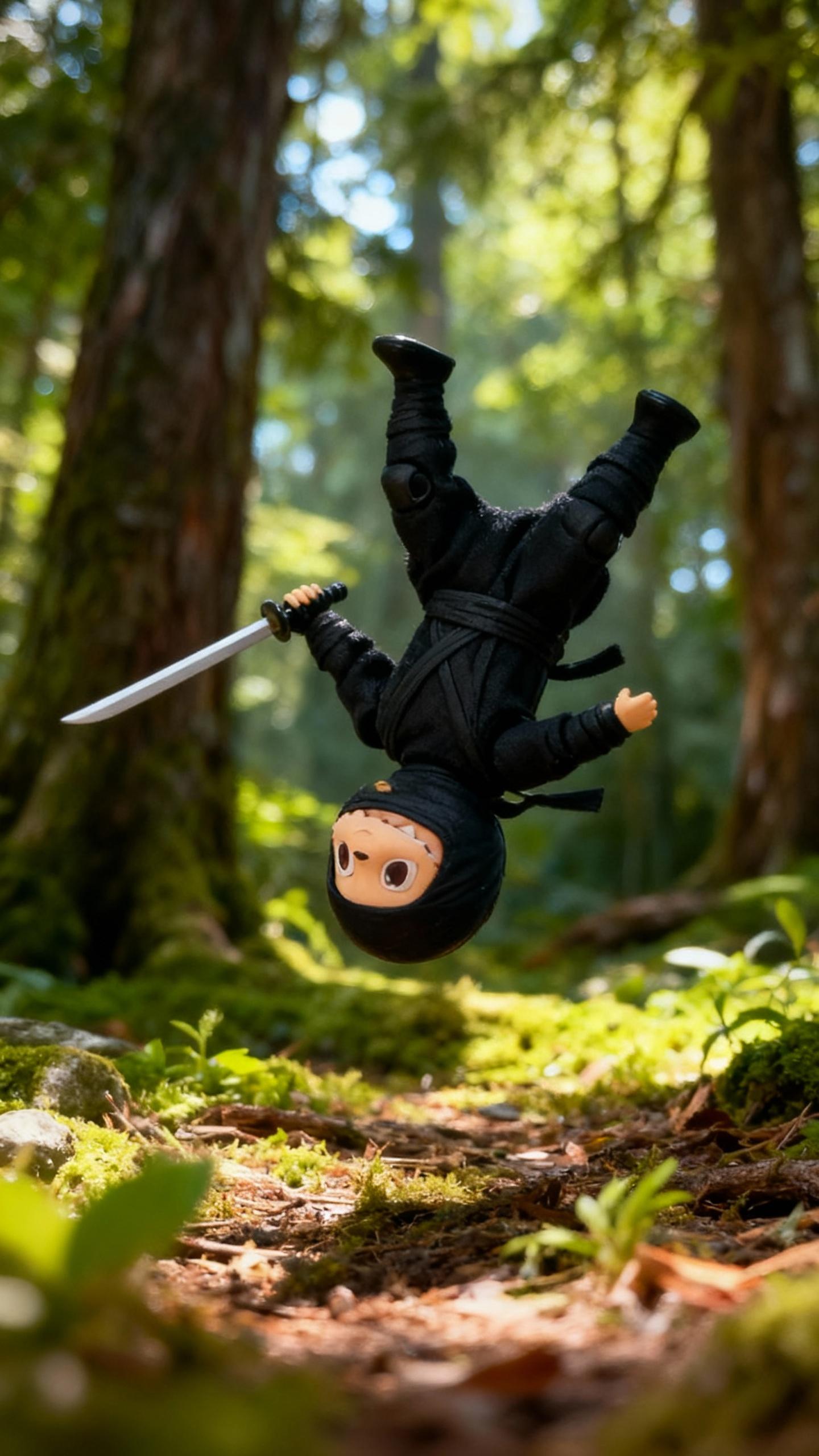 black toy ninja doing backflip in forest with sword in hand