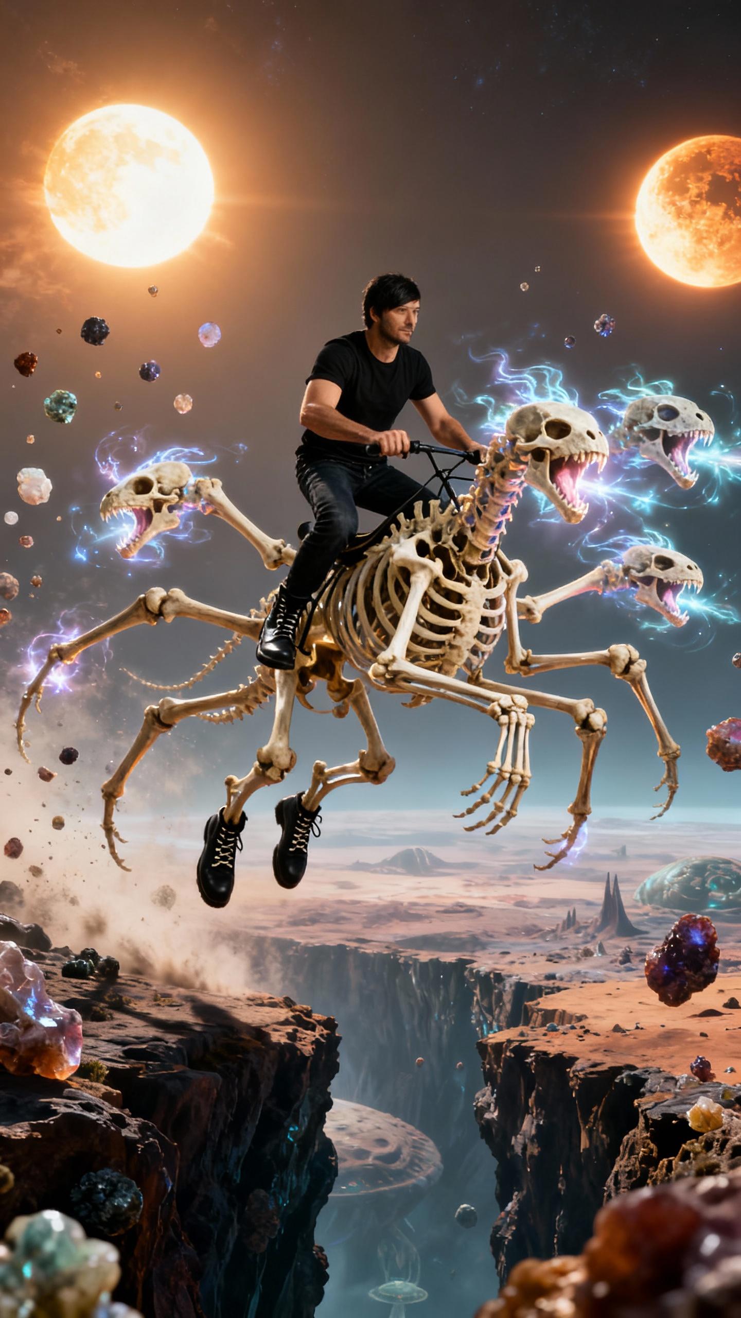 action shot of a man expertly steering a six-limbed skeletal creature mid-leap over a chasm on an alien world, fractal bone structure catching the light of twin suns, three heads roaring with ethereal energy, jeans and boots visible, adrenaline-filled moment, suspended in air with floating mineral particles, dynamic angle, epic fantasy, photorealistic