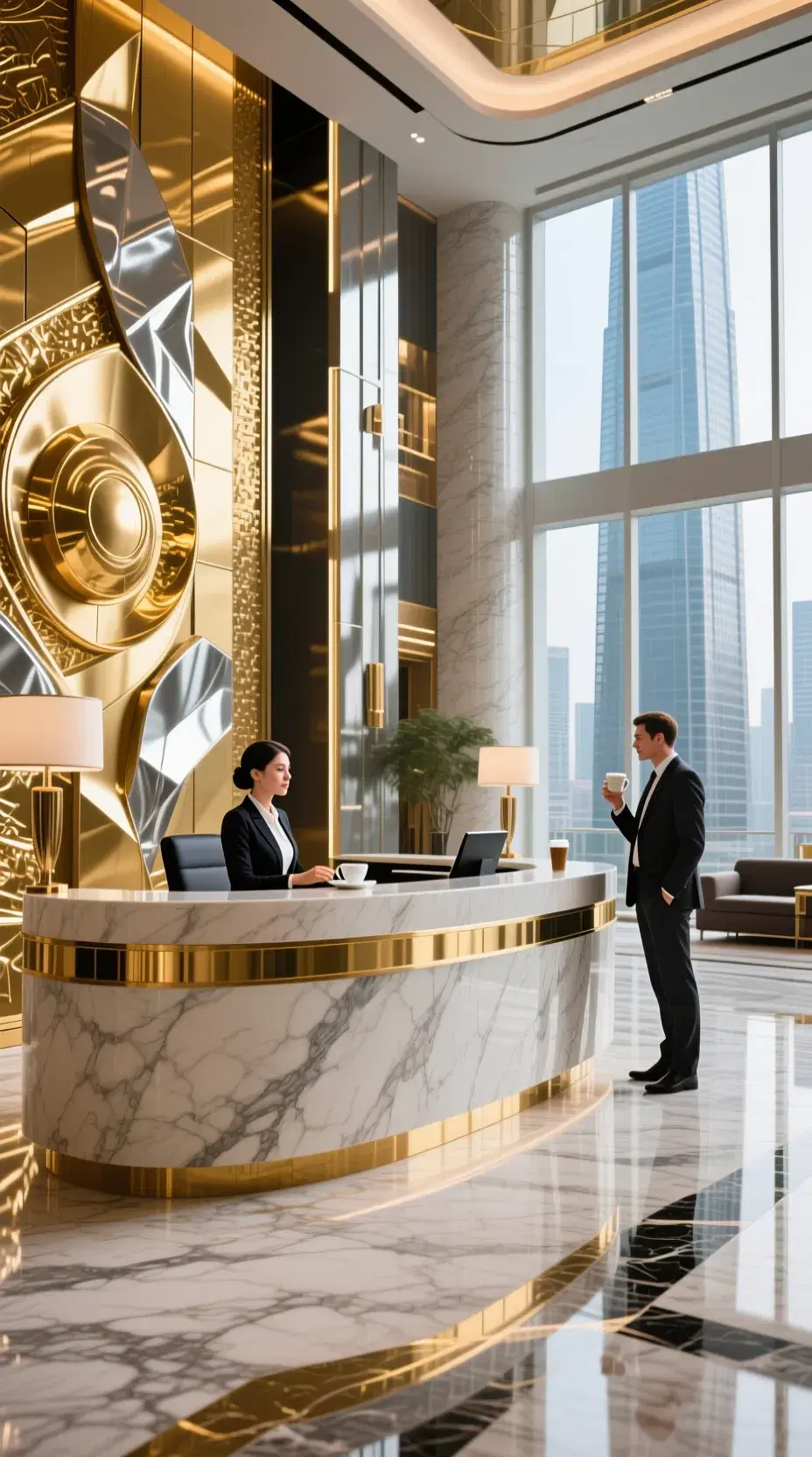lobby of inside sky scraper, secretary woman sitting on large lobby reception of hotel. hotel guest drinking coffe, polished marble floor, gold and silver wall decorations, ultra luxury and futuristic