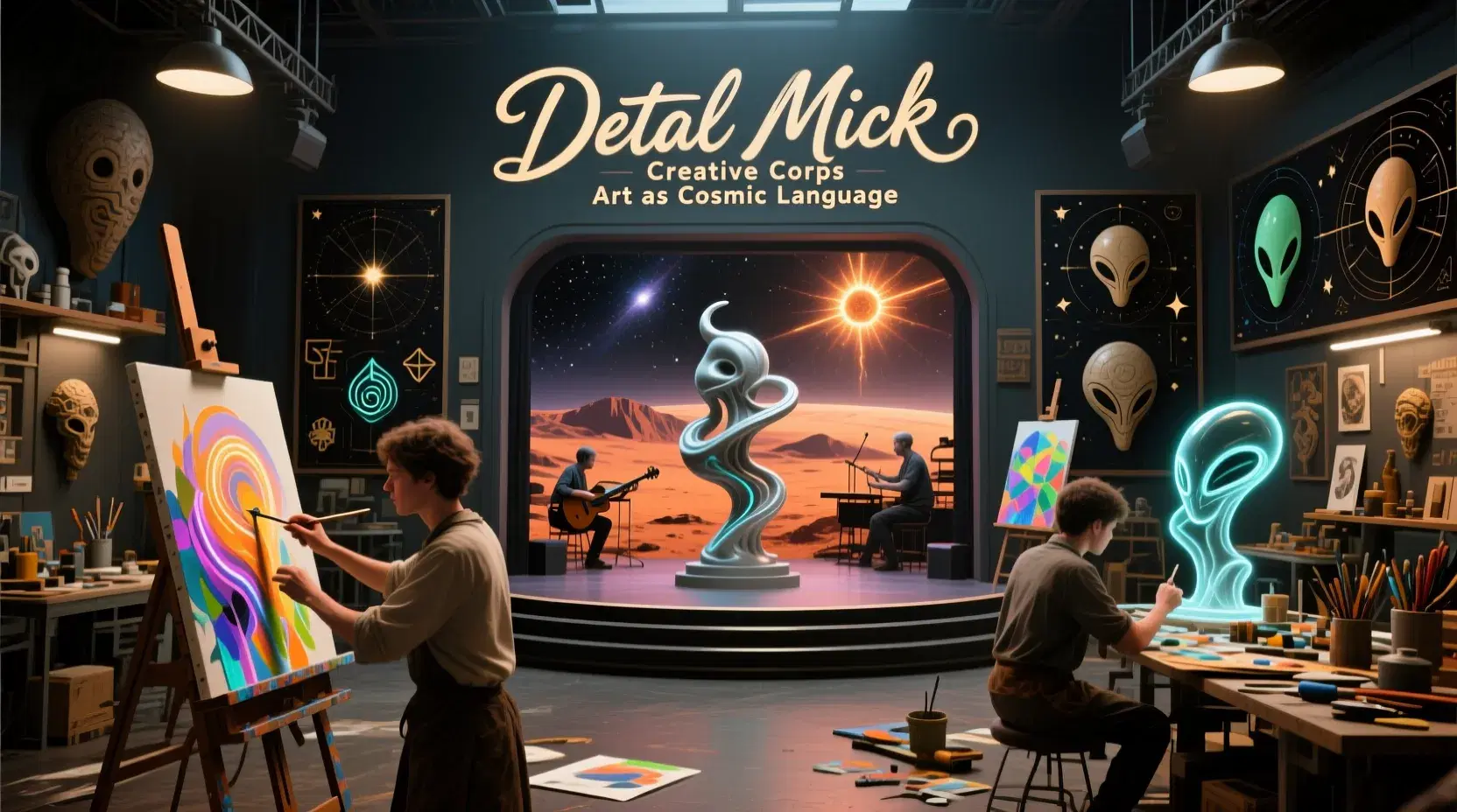 masterpiece, best quality, photorealistic, 8k, ultra-detailed, creative ambient lighting,
The creative synthesis studios where Detal Mick's artists blend human tradition with alien inspiration,
Master artist Jorin creates sculpture using programmable matter that shifts form based on viewer's emotional state,
Holographic easels where painters work with light instead of pigment, creating artworks that move and evolve,
Composition chambers where musicians incorporate sounds from cosmic phenomena - pulsar rhythms, solar flare harmonics,
Alien artifact integration lab where extraterrestrial art forms are studied and adapted, strange geometries and impossible colors,
Performance stage with acoustic design that can simulate any environment's sound properties, from Martian canyons to gas giant atmospheres,
Young apprentices learning traditional Earth arts alongside alien techniques, guided by holographic masters from history,
Warm creative chaos with projects in various stages, tools both ancient and futuristic, inspiration boards with star charts and alien glyphs,
"Detal Mick Creative Corps - Art as Cosmic Language" inscribed above entrance in artistic flowing script.