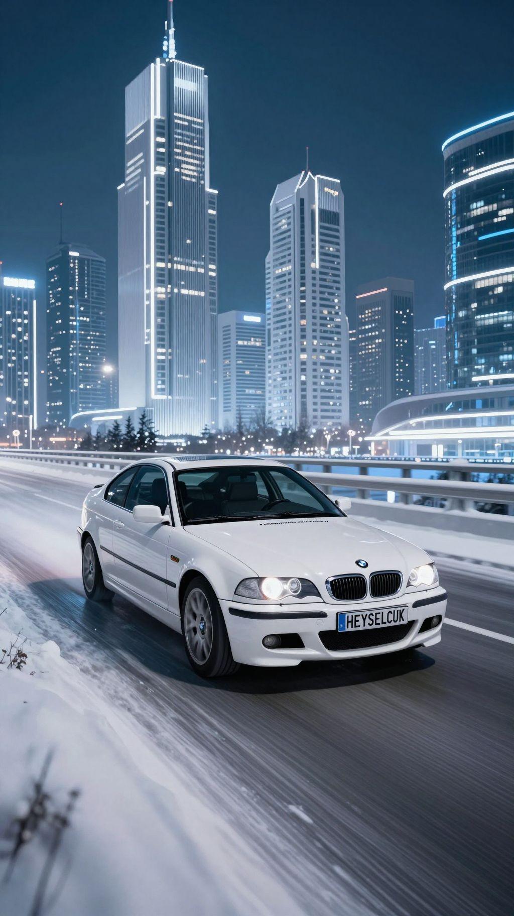 white bmw e46 with plate number "HEYSELCUK" driving very fast on snowy highway bridge in futuristic city in winter with white sky scrapers at night, blue neon lights, motion blur