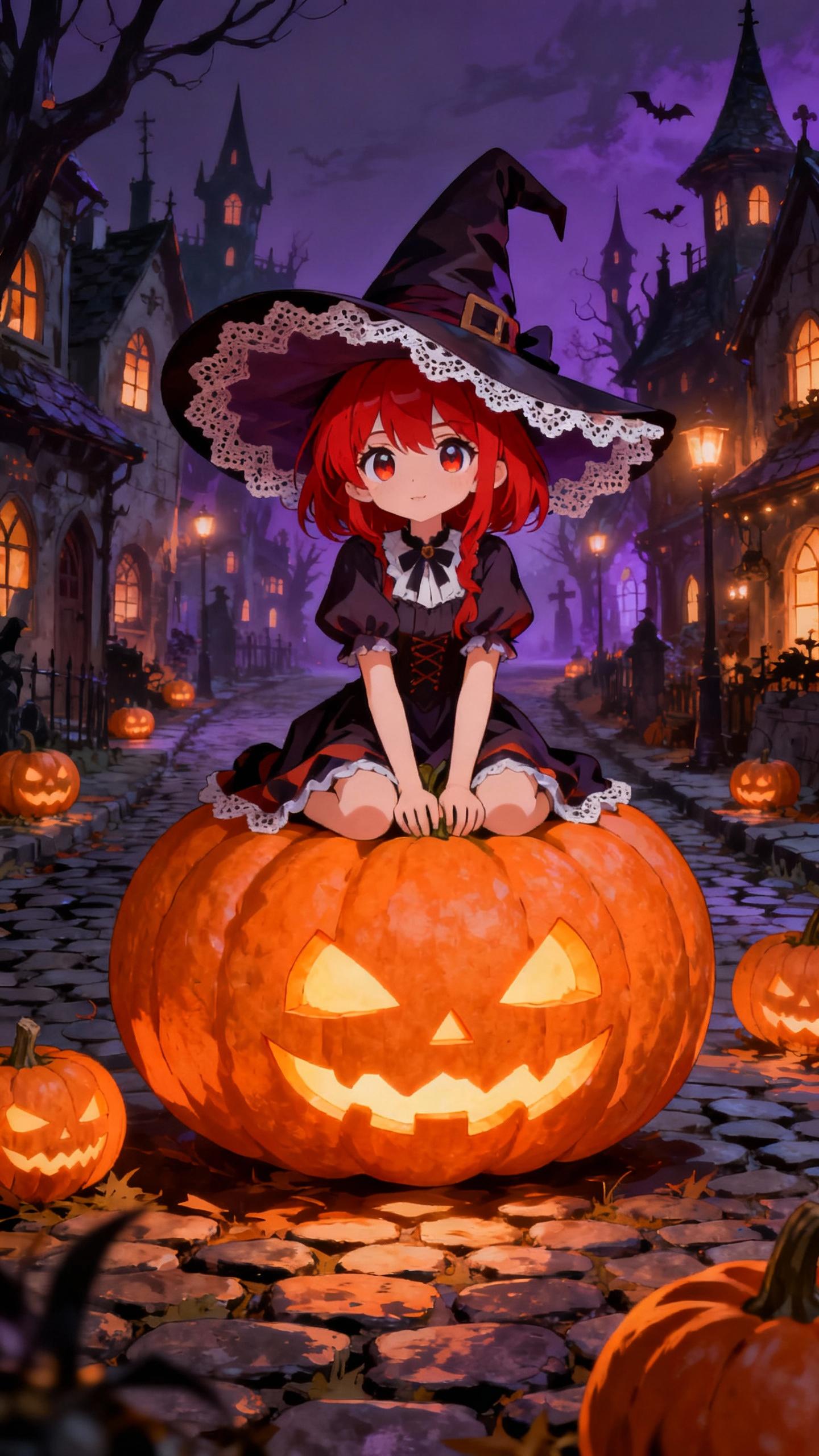 red haired anime girl, witch hat, sitting on pumpkin in spooky halloween village