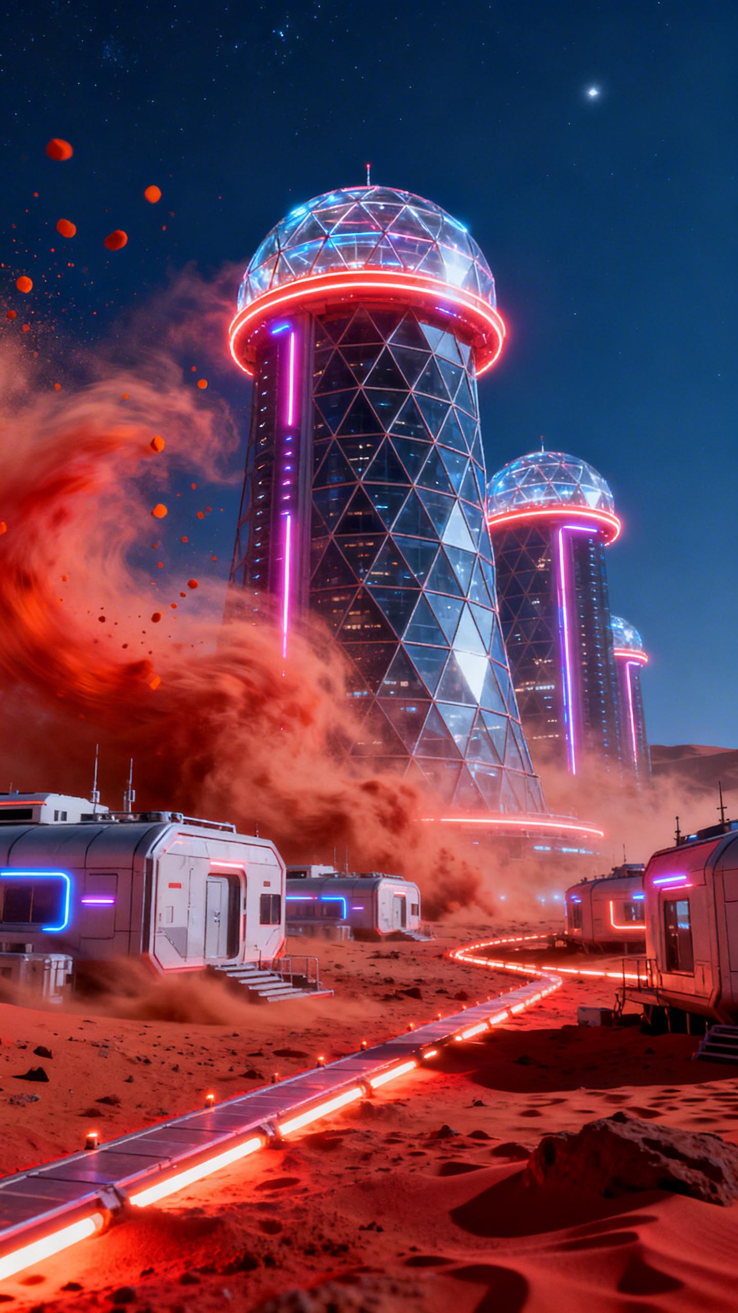 futuristic geodesic sky scrapers and colony on mars at night, red sand storm 