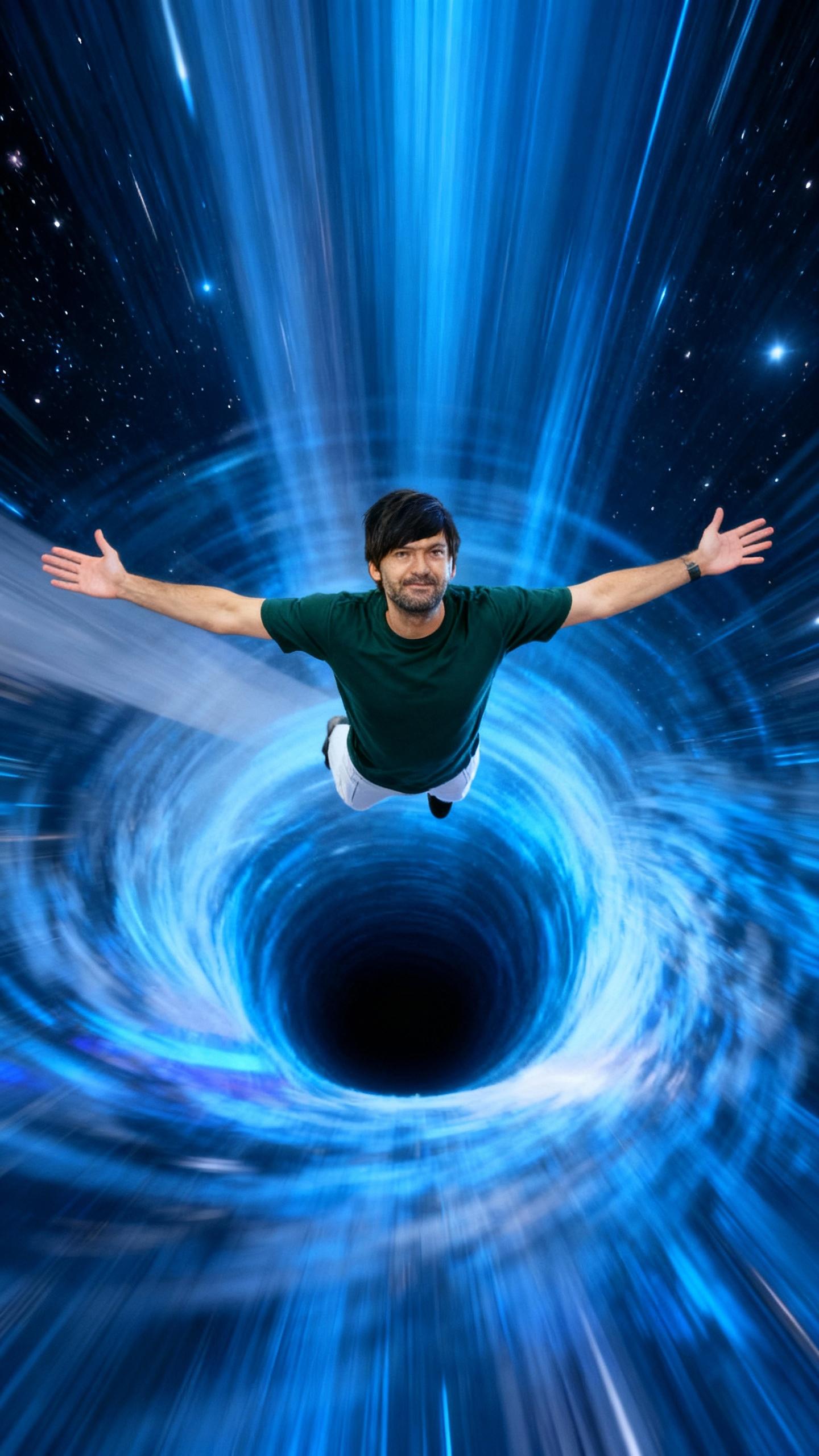 The man is captured in a dynamic pose, soaring through a wormhole with extreme vertical motion blur, embodying the essence of speed and the thrill of space exploration.