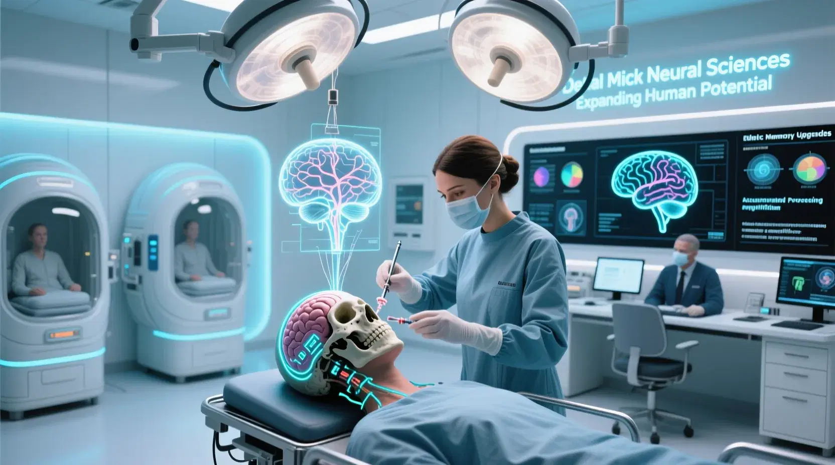 masterpiece, best quality, photorealistic, 8k, ultra-detailed, soft medical-technical lighting,
The neural enhancement clinic where crew members receive cognitive and sensory upgrades,
Neural surgeon Dr. Elara performs intricate brain implant surgery with nano-filaments, her movements microscopically precise,
Patient suspended in neural sync cradle, skull open to reveal glowing interfaces being connected to cerebral cortex,
Holographic brain maps showing real-time neural activity, highlighting areas being enhanced for navigation, memory, or sensory expansion,
Recovery pods where enhanced crew undergo synaptic integration, their new abilities calibrating through guided meditation,
Display wall showing available enhancements: eidetic memory modules, multi-spectral vision, accelerated processing, empathy amplification,
Ethics committee monitoring station ensuring all enhancements align with human identity preservation guidelines,
Sterile white environment with soft blue accent lighting, sense of profound transformation occurring,
"Detal Mick Neural Sciences - Expanding Human Potential" in subtle glowing letters above surgical suite.