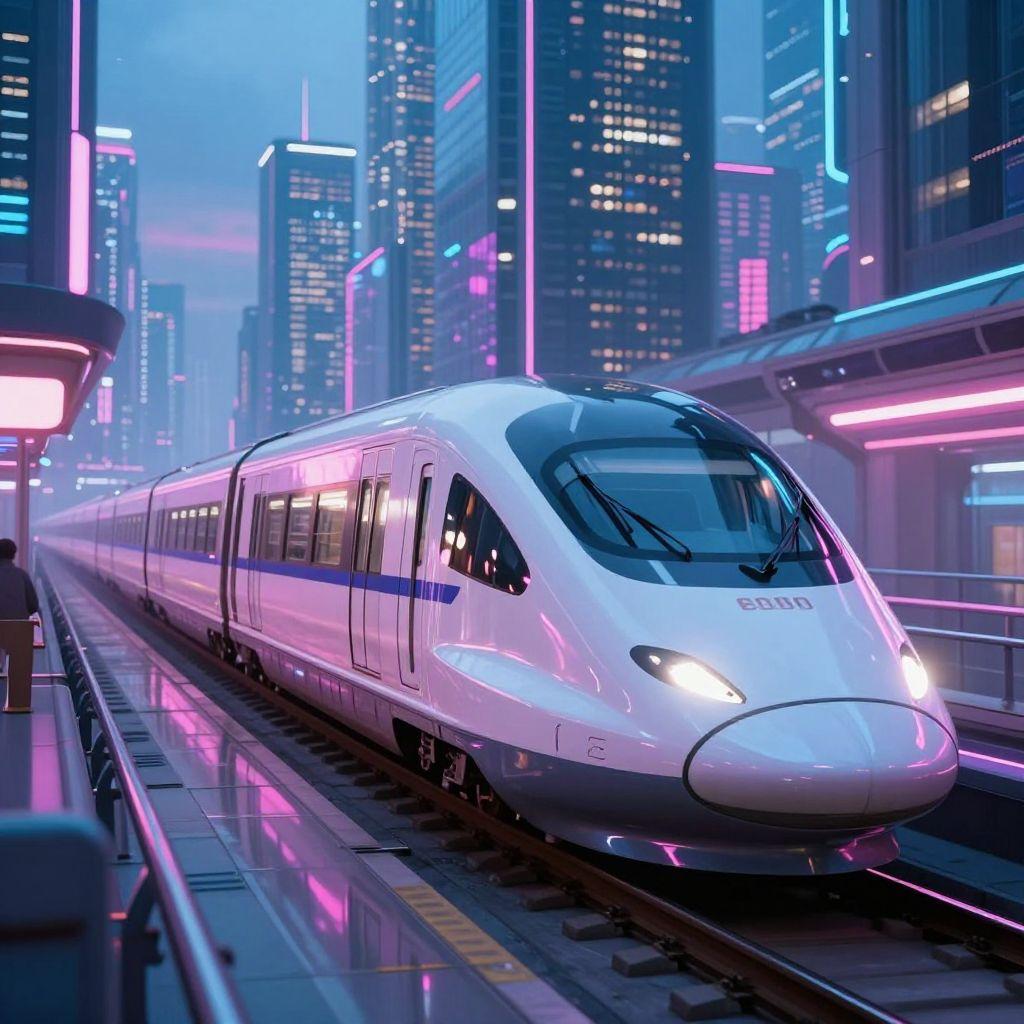 In the heart of a bustling futuristic city, a sleek, high-speed maglev train glides along the neon-lit railway, its metallic surface reflecting the vibrant cityscape. The train's interior is bathed in a soft, ethereal glow, while the city's towering skyscrapers stretch towards the neon-lit sky, creating a mesmerizing contrast between the old and the new.