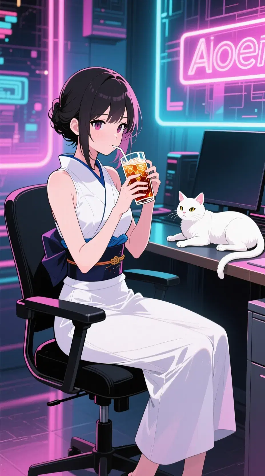 In the anime-style, a white-dressed Japanese woman sits elegantly on a black chair, sipping on a glass of iced tea. A white cat lounges on her desk, basking in the neon lights that illuminate the scene. The overall aesthetic is vibrant and dynamic, capturing the essence of anime.