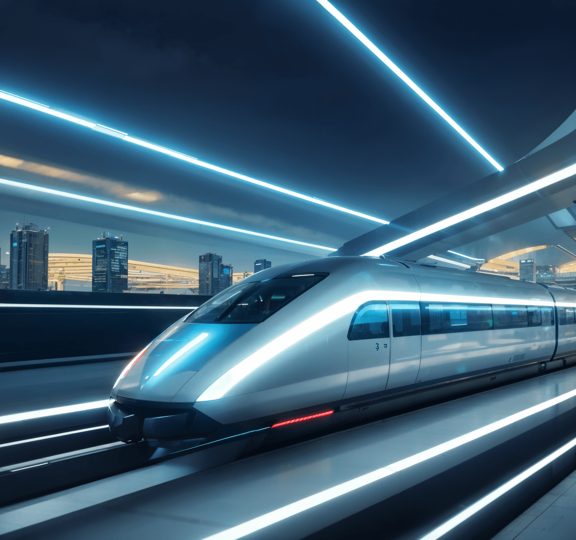 futuristic maglev train on railways in futuristic city with sky scrapers, neon lights