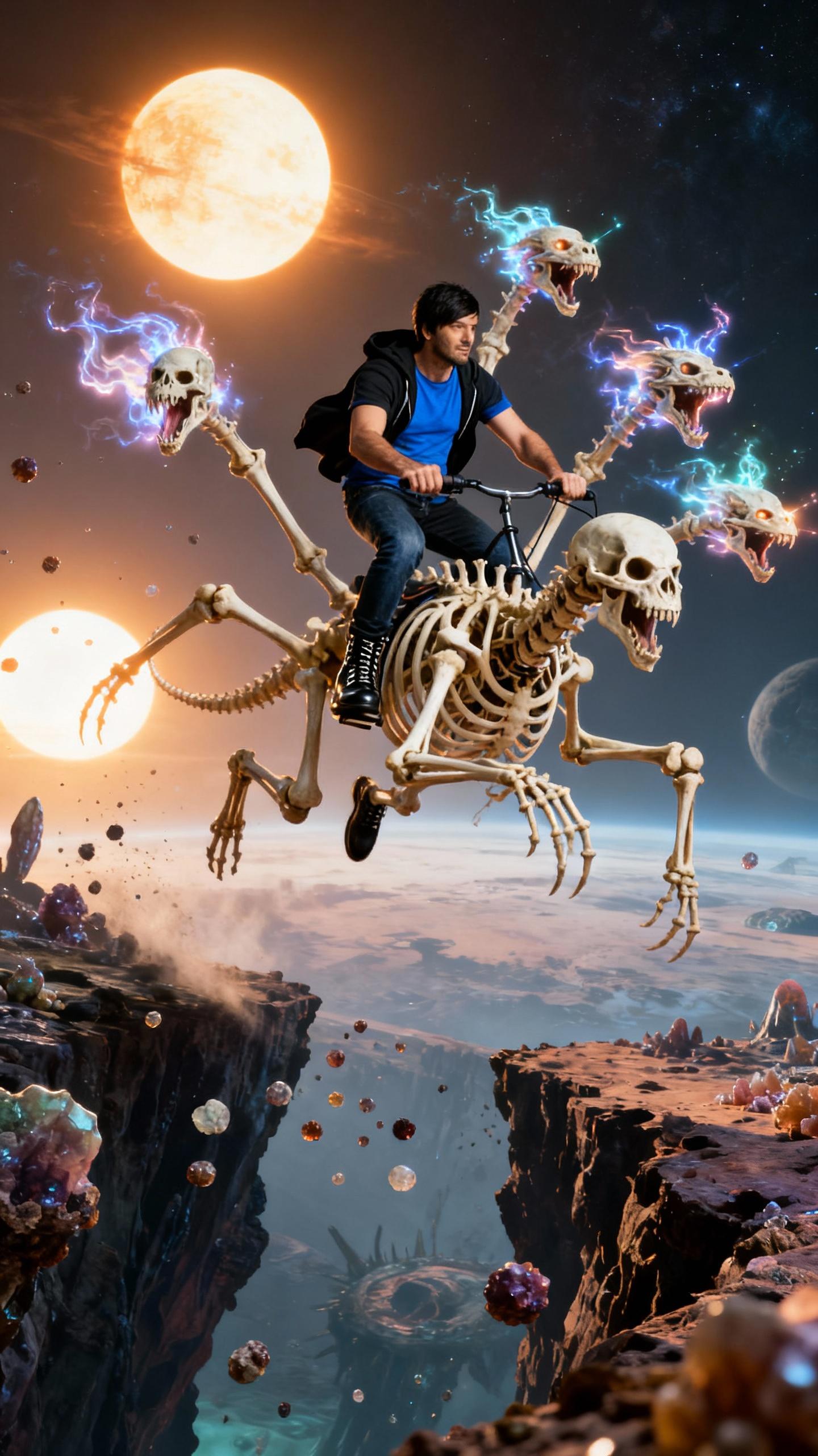 action shot of a man expertly steering a six-limbed skeletal creature mid-leap over a chasm on an alien world, fractal bone structure catching the light of twin suns, three heads roaring with ethereal energy, jeans and boots visible, adrenaline-filled moment, suspended in air with floating mineral particles, dynamic angle, epic fantasy, photorealistic