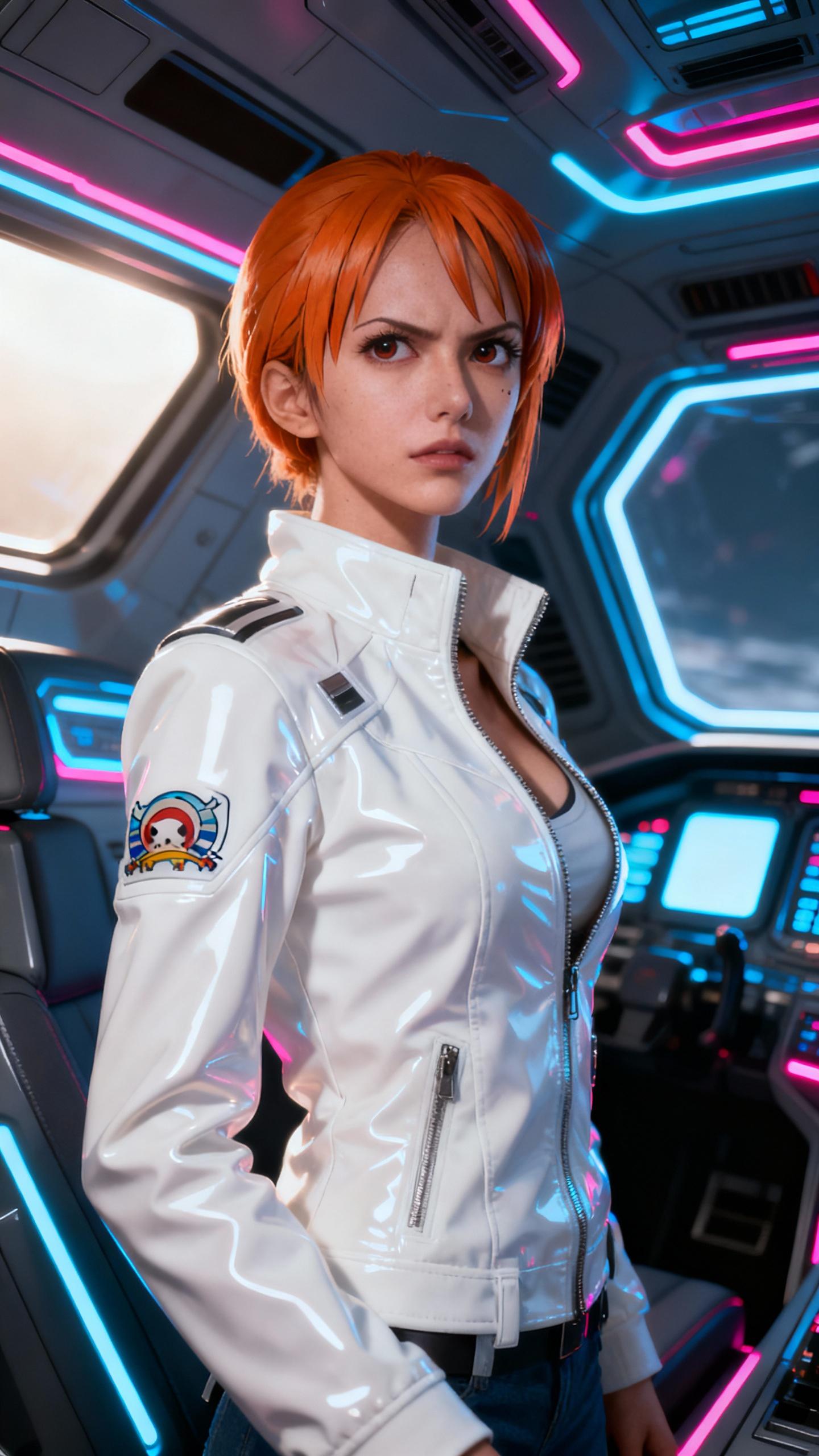 Nami from One Piece, clad in a high-gloss, futuristic white jacket, stands confidently in the cockpit of a sleek, neon-lit space ship. The lighting is a dramatic, high-contrast setup with a soft, diffused source from the left, casting a gentle shadow on Nami's right. The image is captured in a cinematic style, with a 8K UHD resolution, highly detailed, and a sharp focus, capturing the essence of Nami's character and the space-age setting.