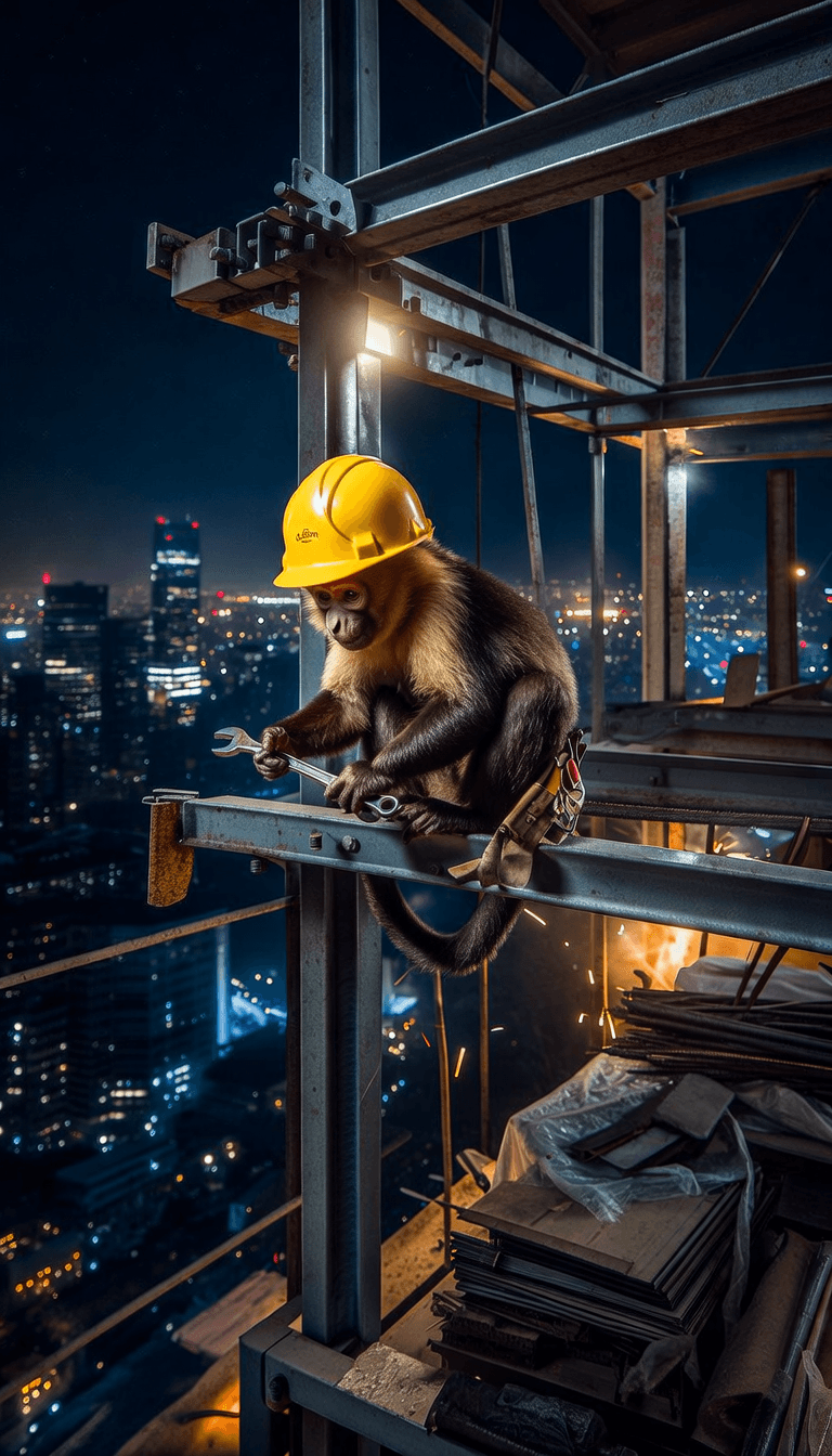 monkey with yellow helmet in construction of sky scraper at night
