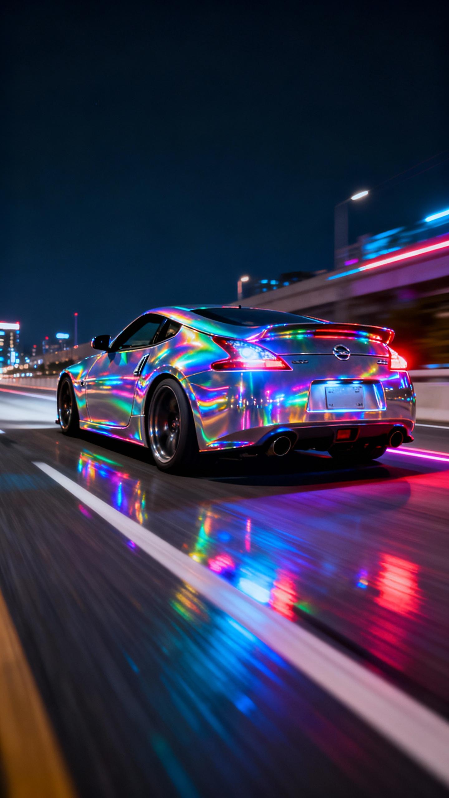 high reflective rainbow hologram iridescent chrome Nissan 370z driving fast on highway in Need For Speed Underground 2 at night