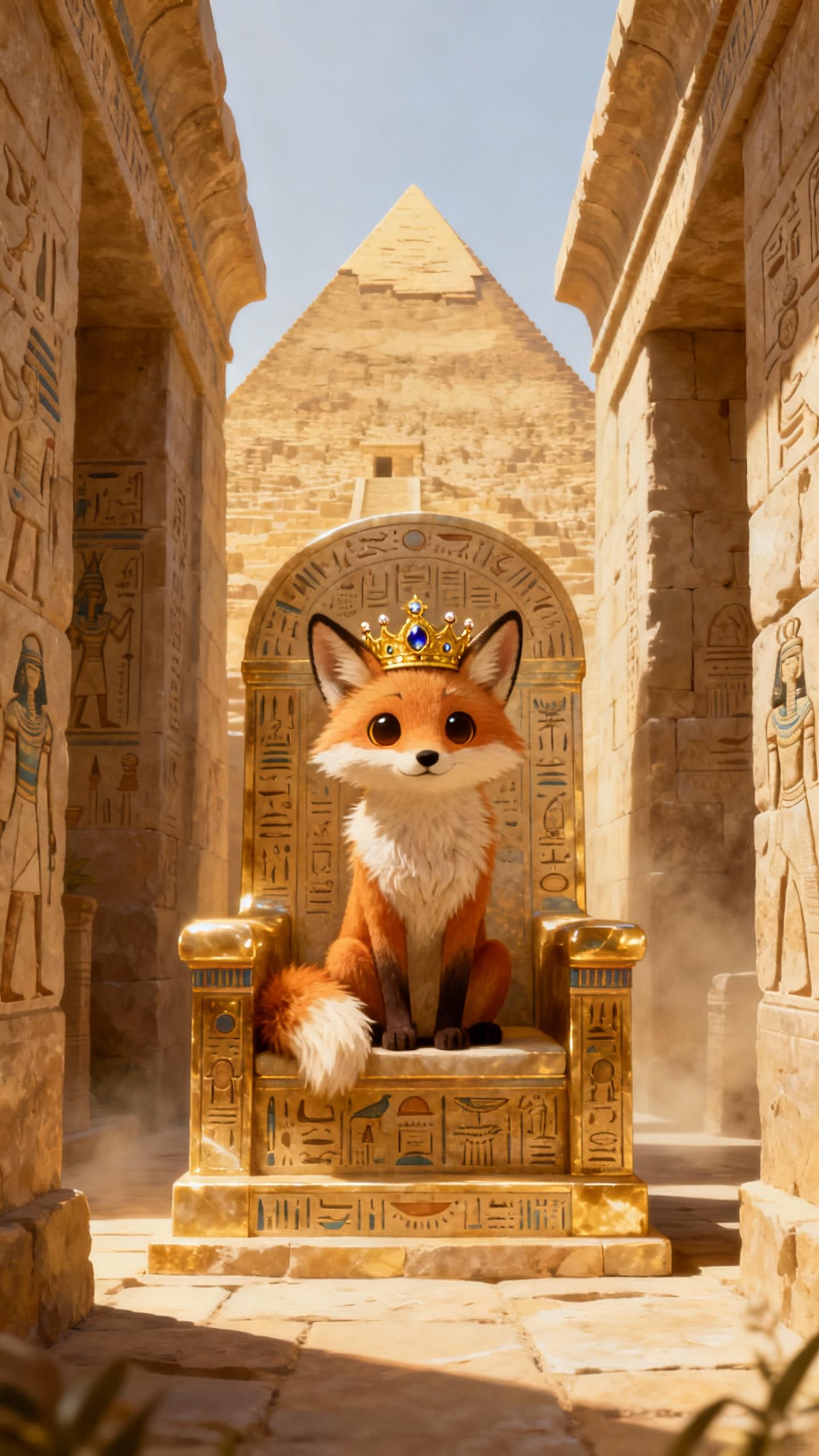 sweet fox with golden crown sitting on throne inside ancient egypt pyramid hallway
