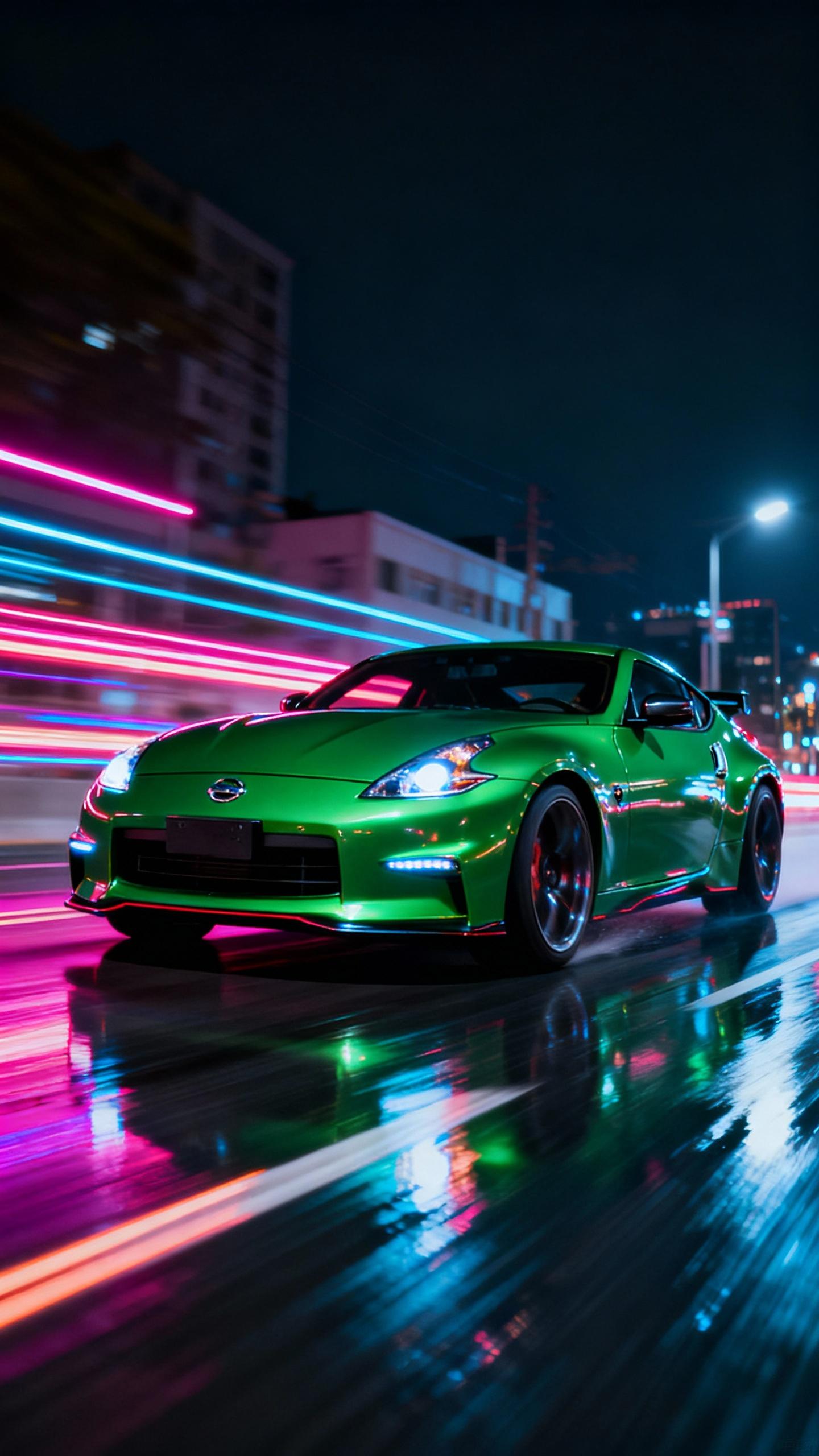green metallic nissan 370z driving fast in need for speed game at night, motion blur, neon lights