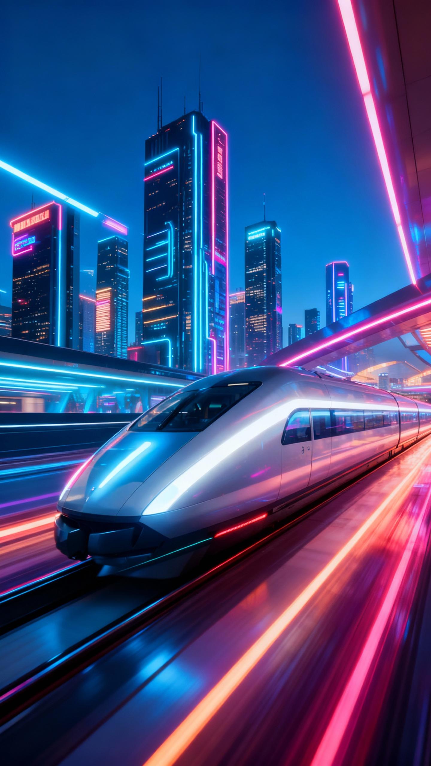 futuristic maglev train on railways in futuristic city with sky scrapers, neon lights, driving ultra fast, motion blur
