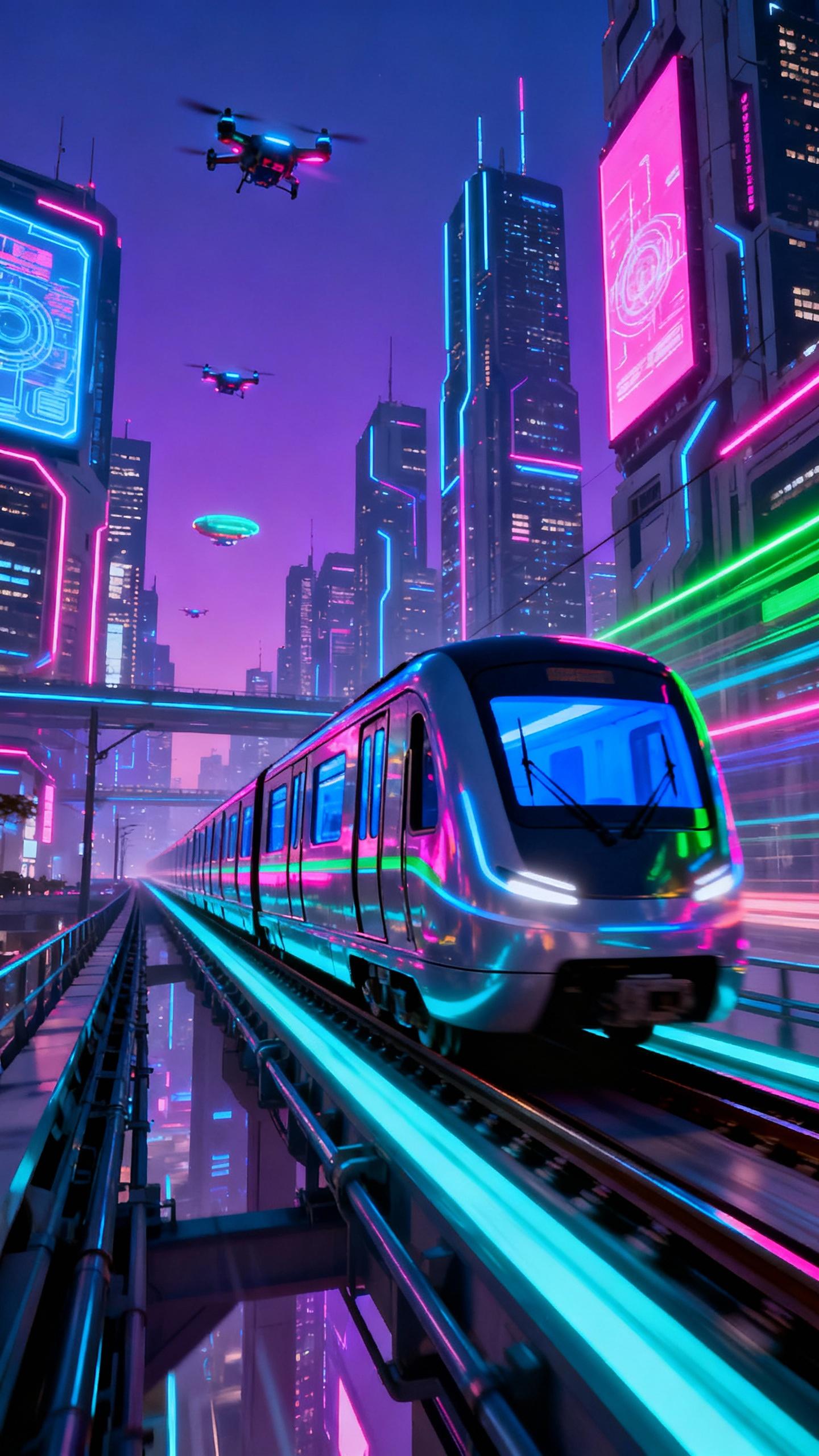 futuristic maglev train on futuristic railways in futuristic city with futuristic sky scrapers, futuristic neon lights