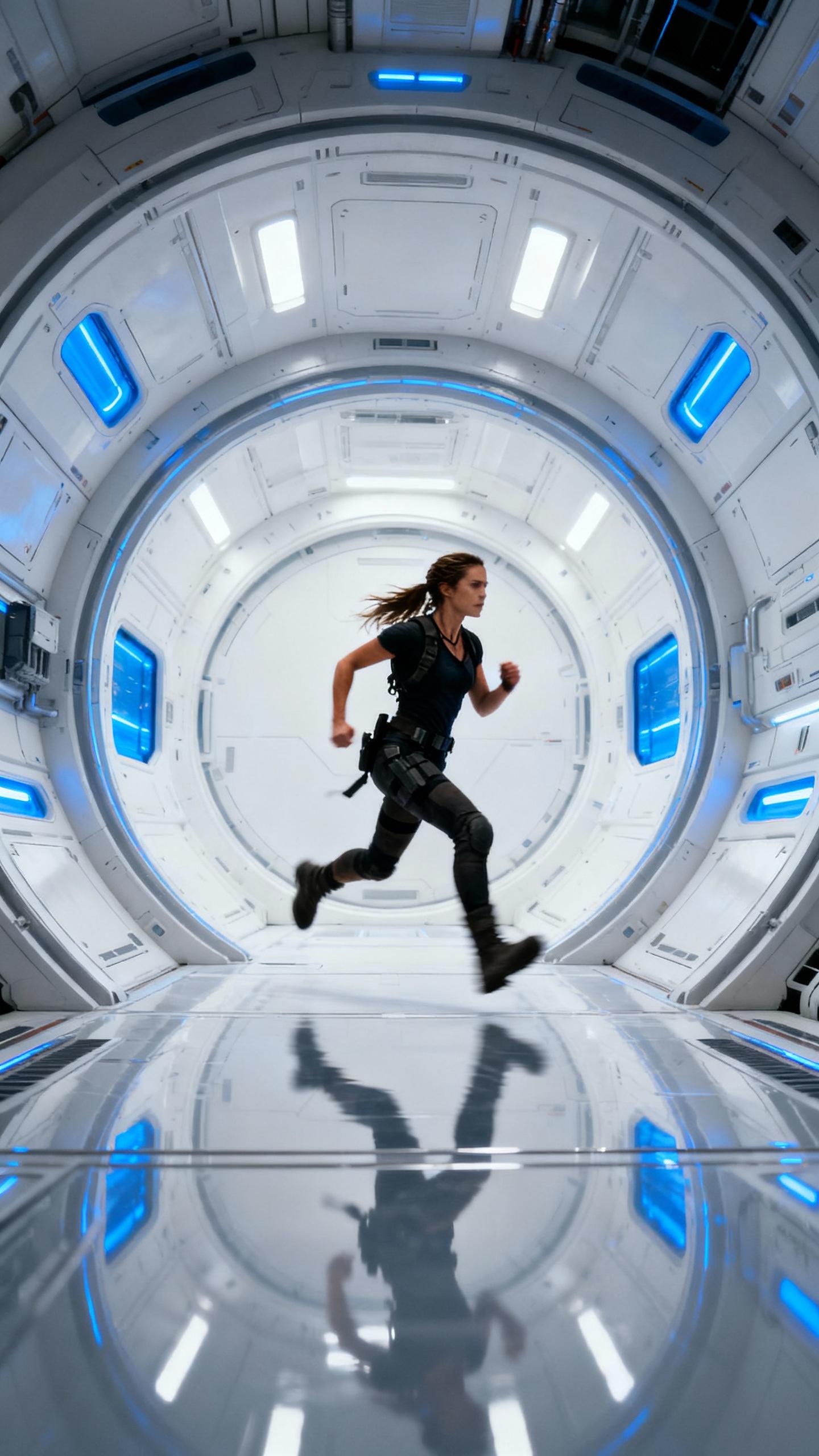 lara croft running in futuristic white glossy round space ship hangar