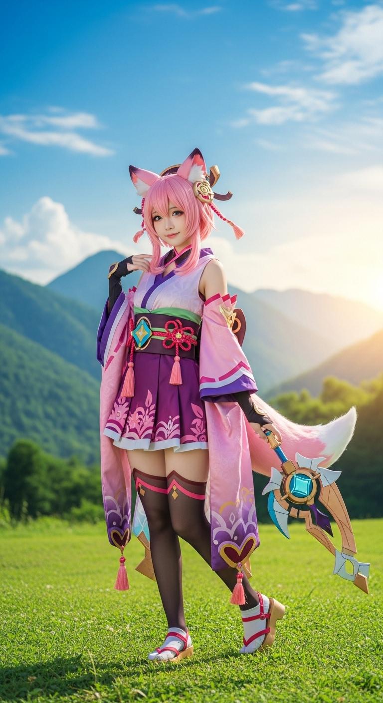 anime style, woman wearing pink genshin impact cosplay, outdoors, standing on green grass with mountains in the background, vibrant colors. Full body view.
