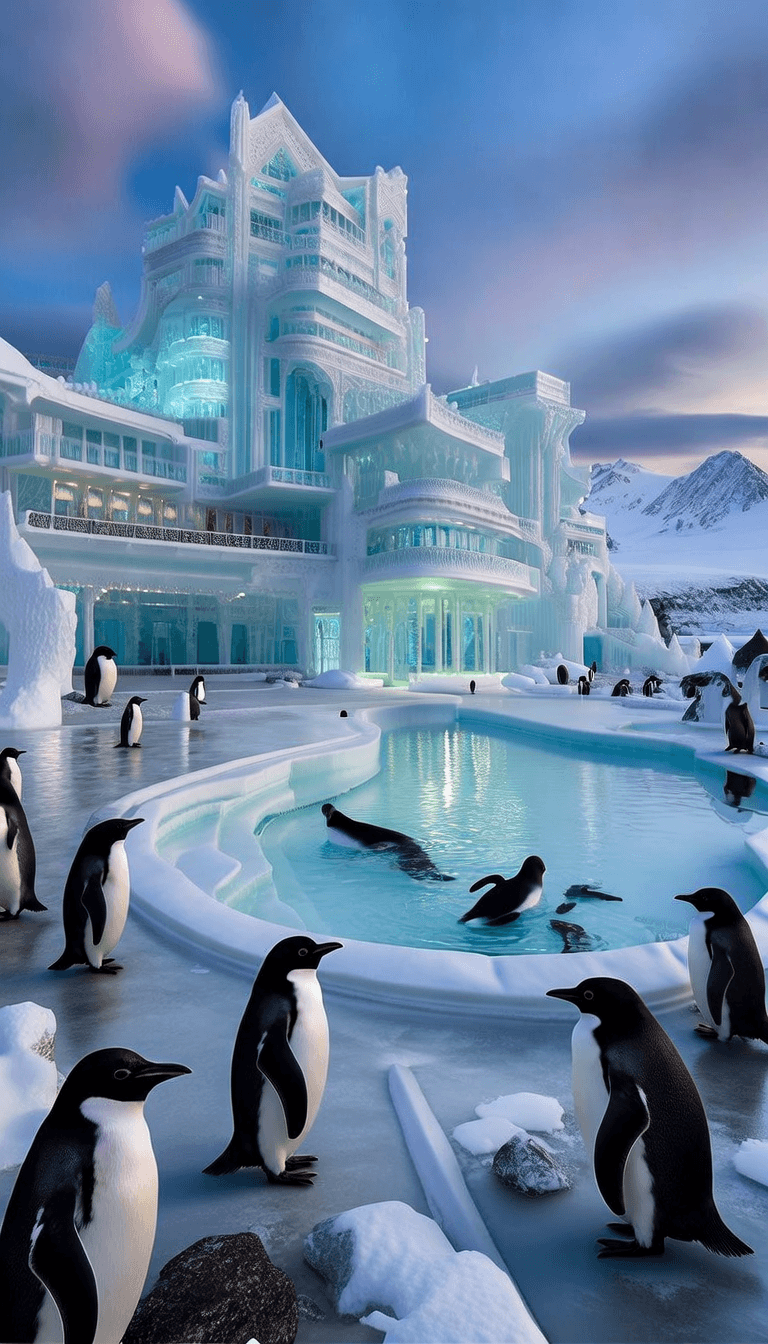 penguin paradise city with luxury ice hotel and frozen pool for penguins