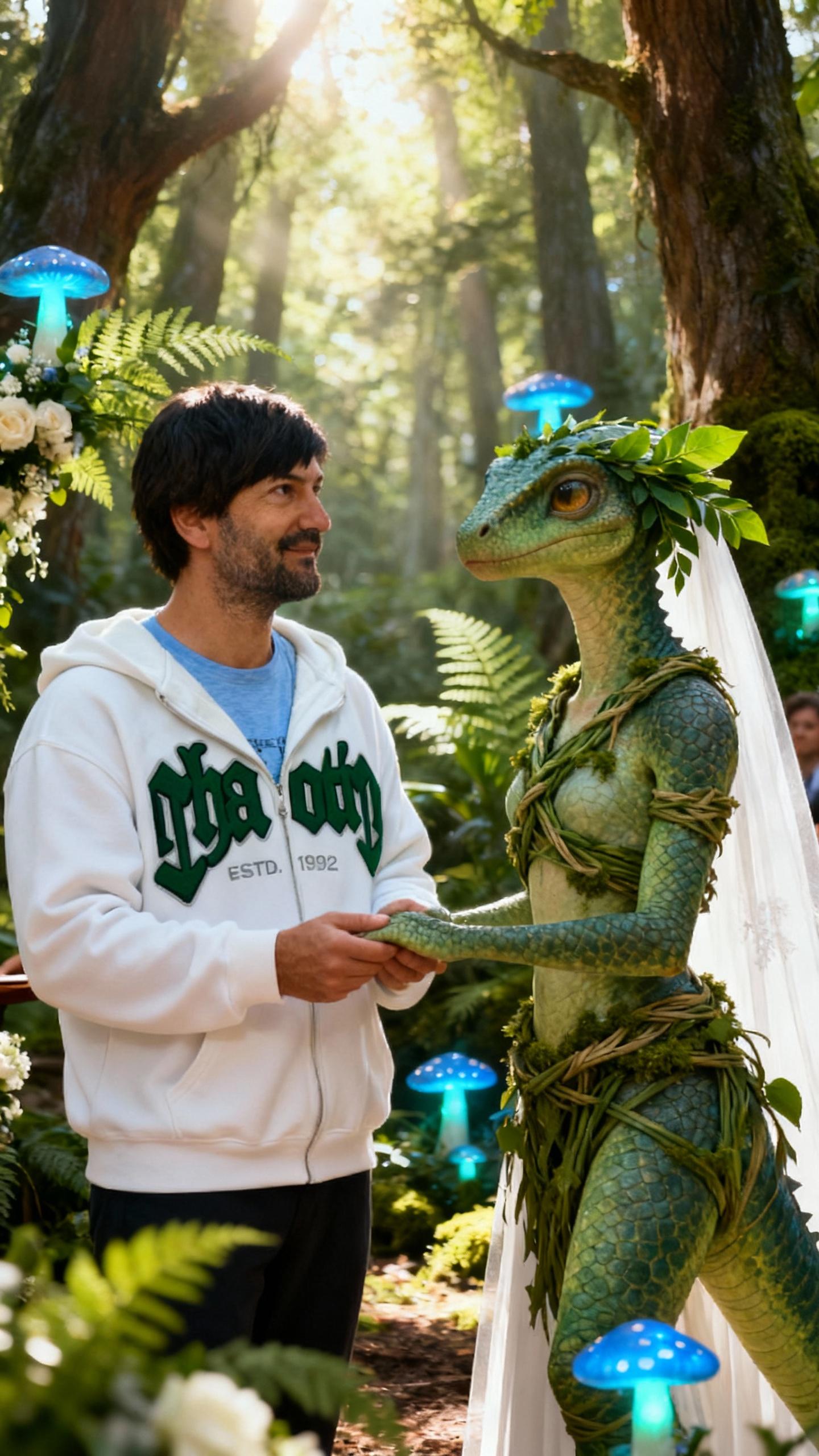 female yibanazavr and man wedding in forest