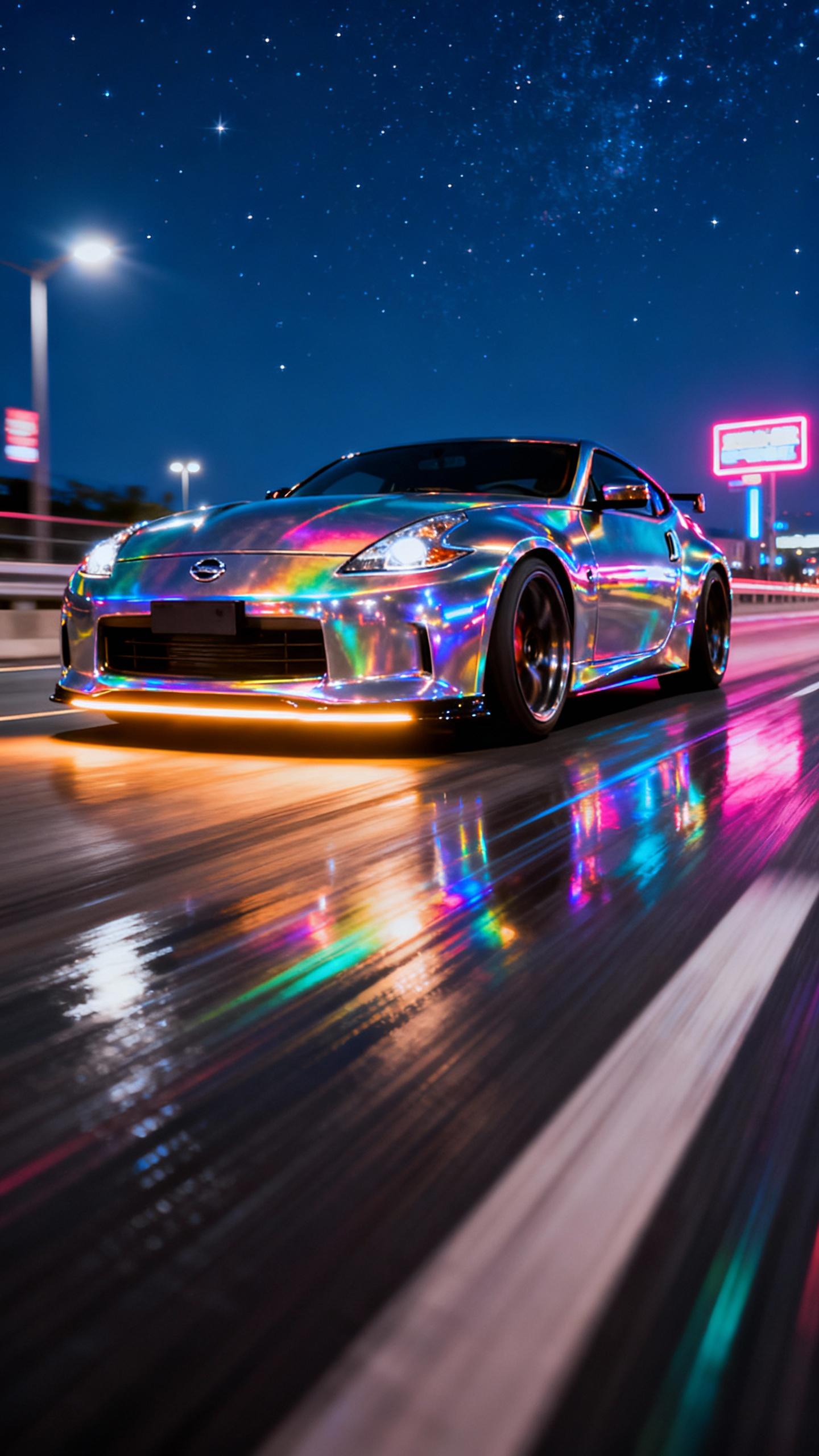 high reflective rainbow hologram iridescent chrome Nissan 370z driving fast on highway in Need For Speed Underground 2 at night